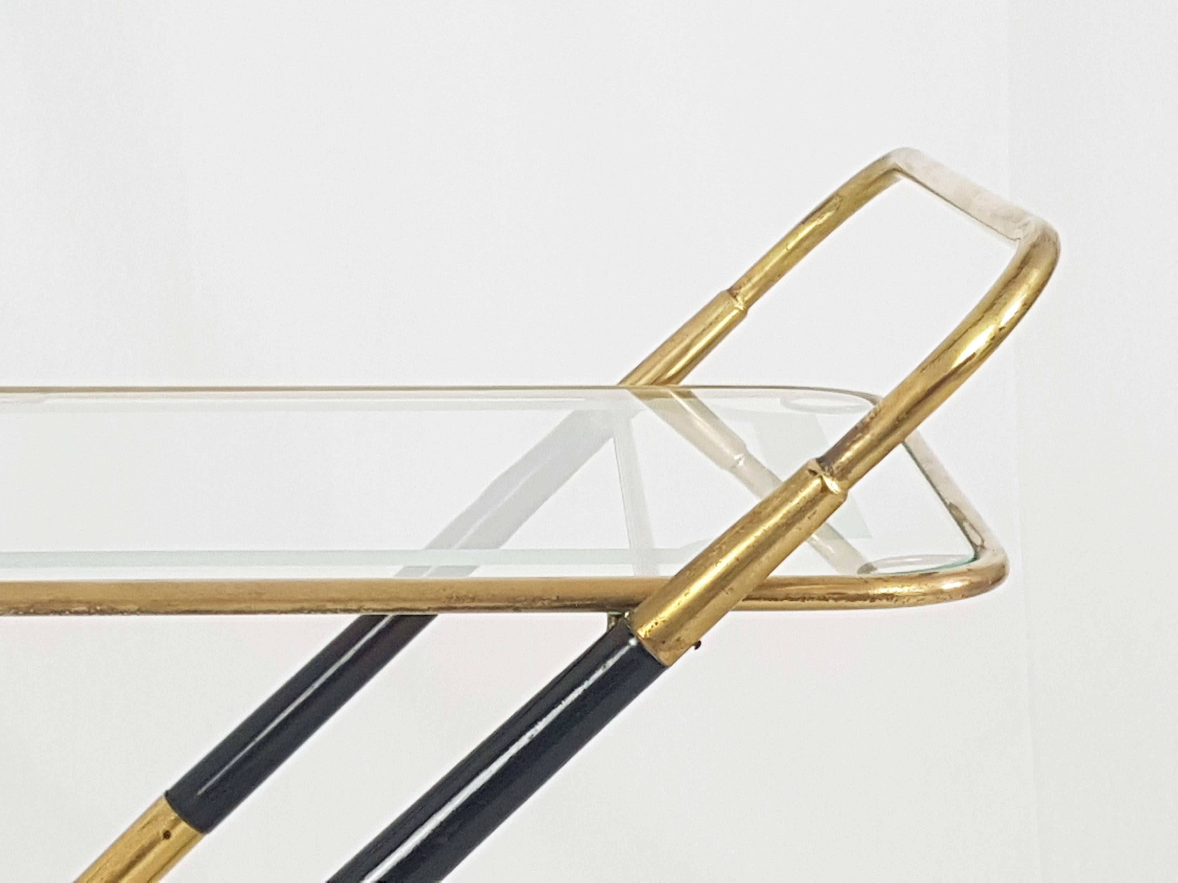 Italian Laquered Wood, Brass and Glass 1950s Serving Bar Cart by Cesare Lacca 1