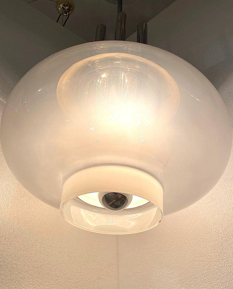Italian Large 1970s Chrome & Blown Glass Shade Pendant Light In Good Condition For Sale In New York, NY