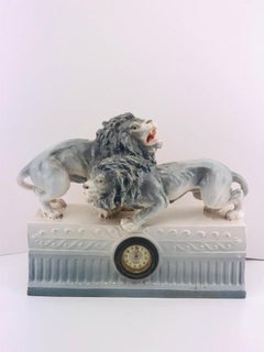 Italian Large Art Deco 1940s Ceramic Lions Sculpture Table Clock, 1940s