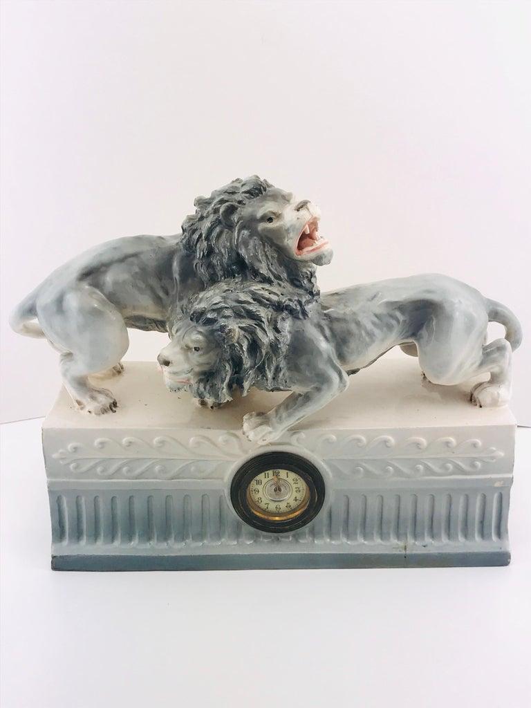 Italian Large Art Deco 1940s Ceramic Lions Sculpture Table Clock, 1940s For Sale 4