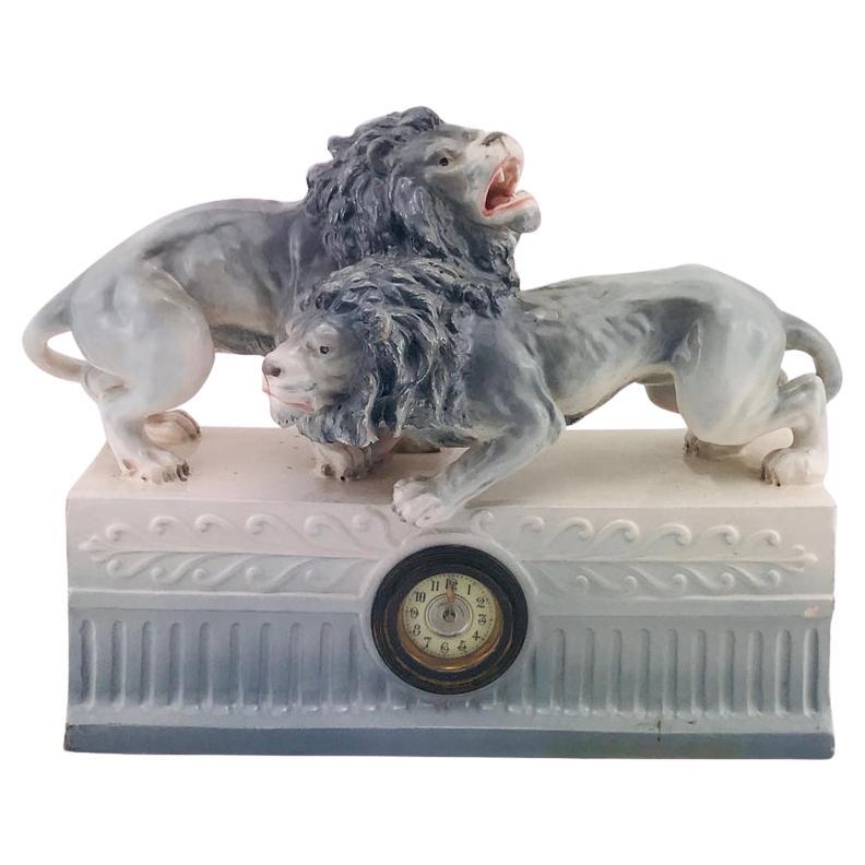 Italian Large Art Deco 1940s Ceramic Lions Sculpture Table Clock, 1940s