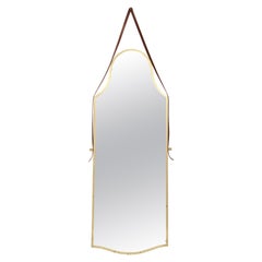 Italian Large Brass Elegantly Shaped Mirror with Leather Strap