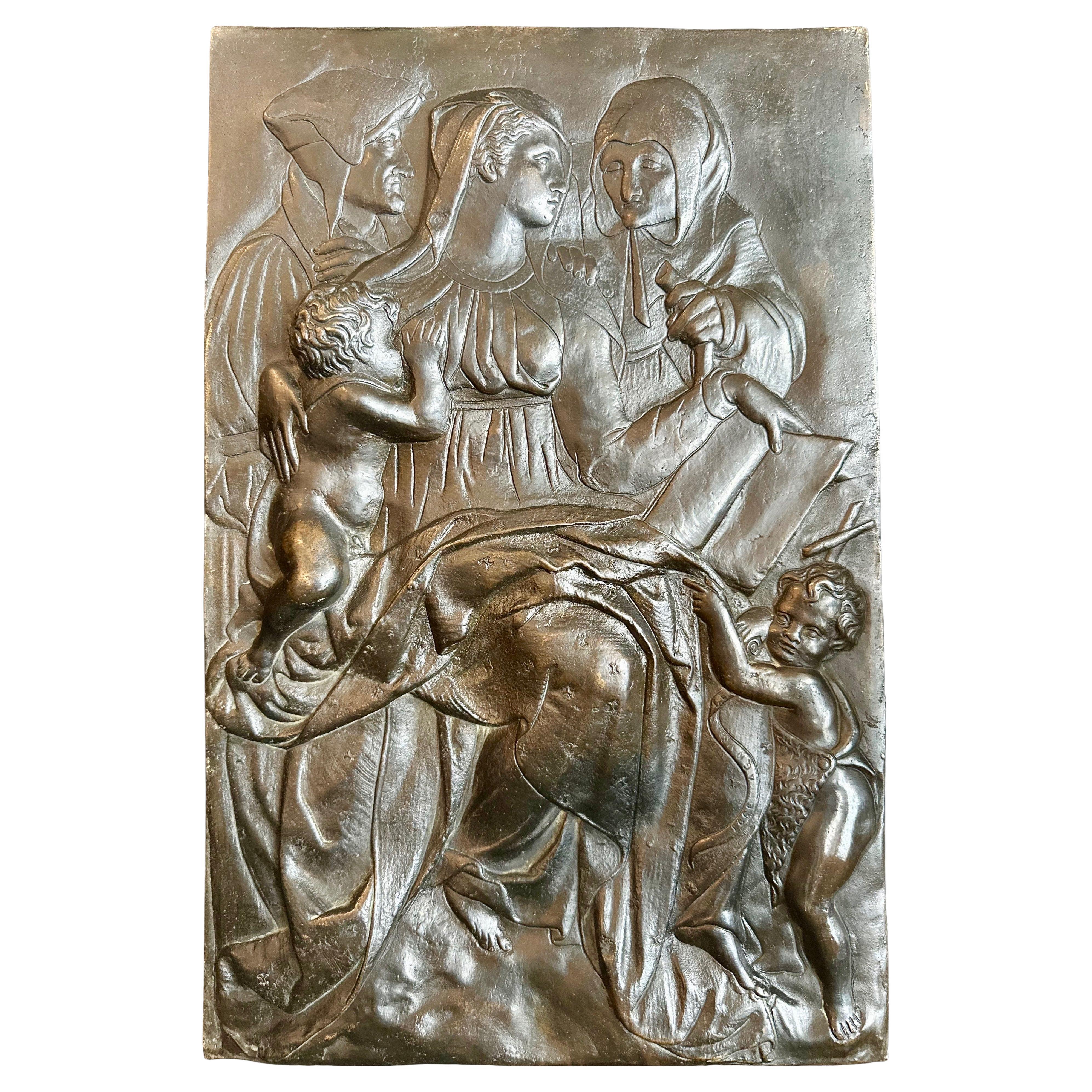 Grande rilievo italiano in bronzo di una Madonna con Bambino, San Giovanni e Santa Elisabetta, dopo Pierino da Vinci, Circa 1850

Questa targa in bronzo del XIX secolo è una copia della famosa scultura in marmo del XVI secolo di Pier Francesco di