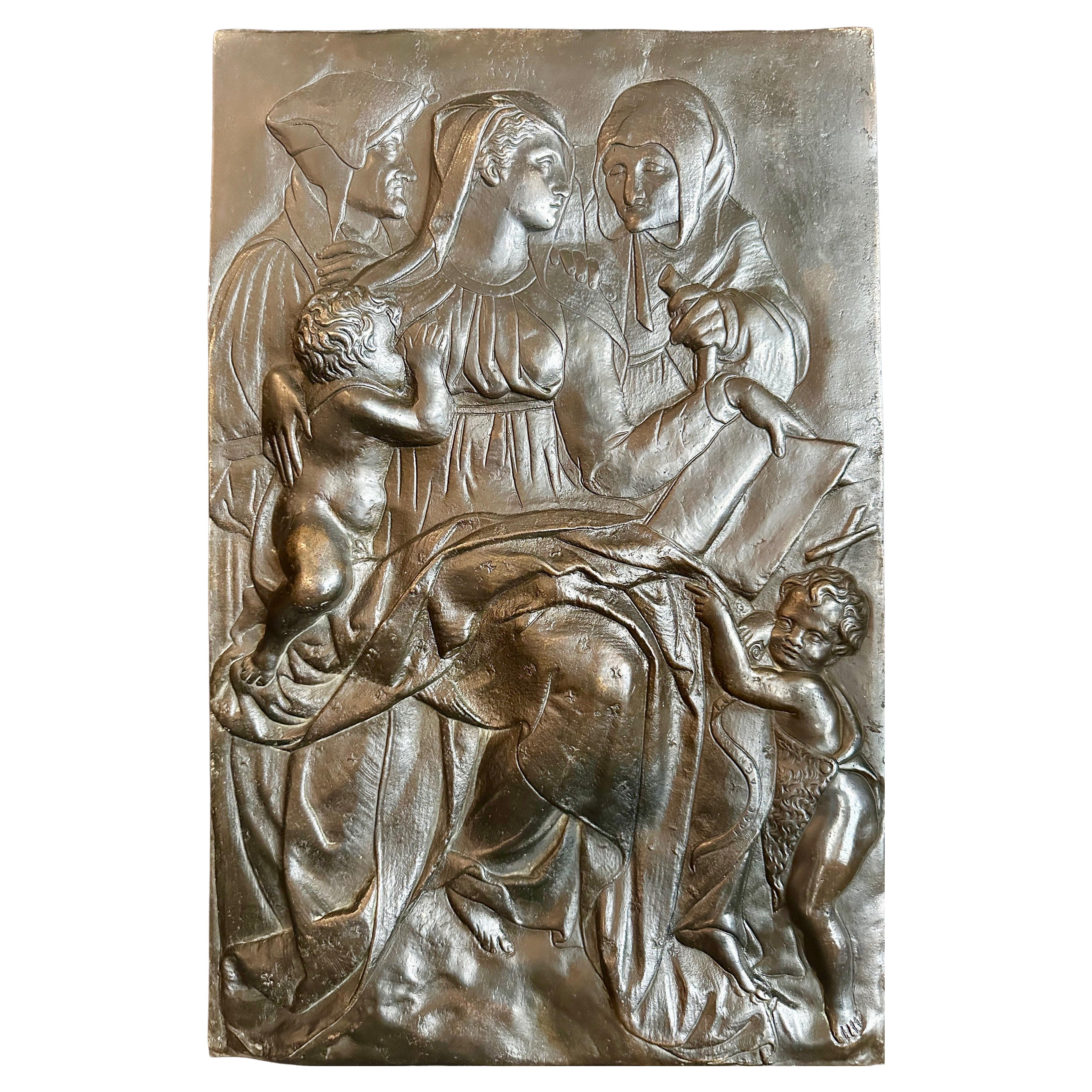 Gran relieve italiano en bronce de la Virgen y el Niño con santos, circa 1850