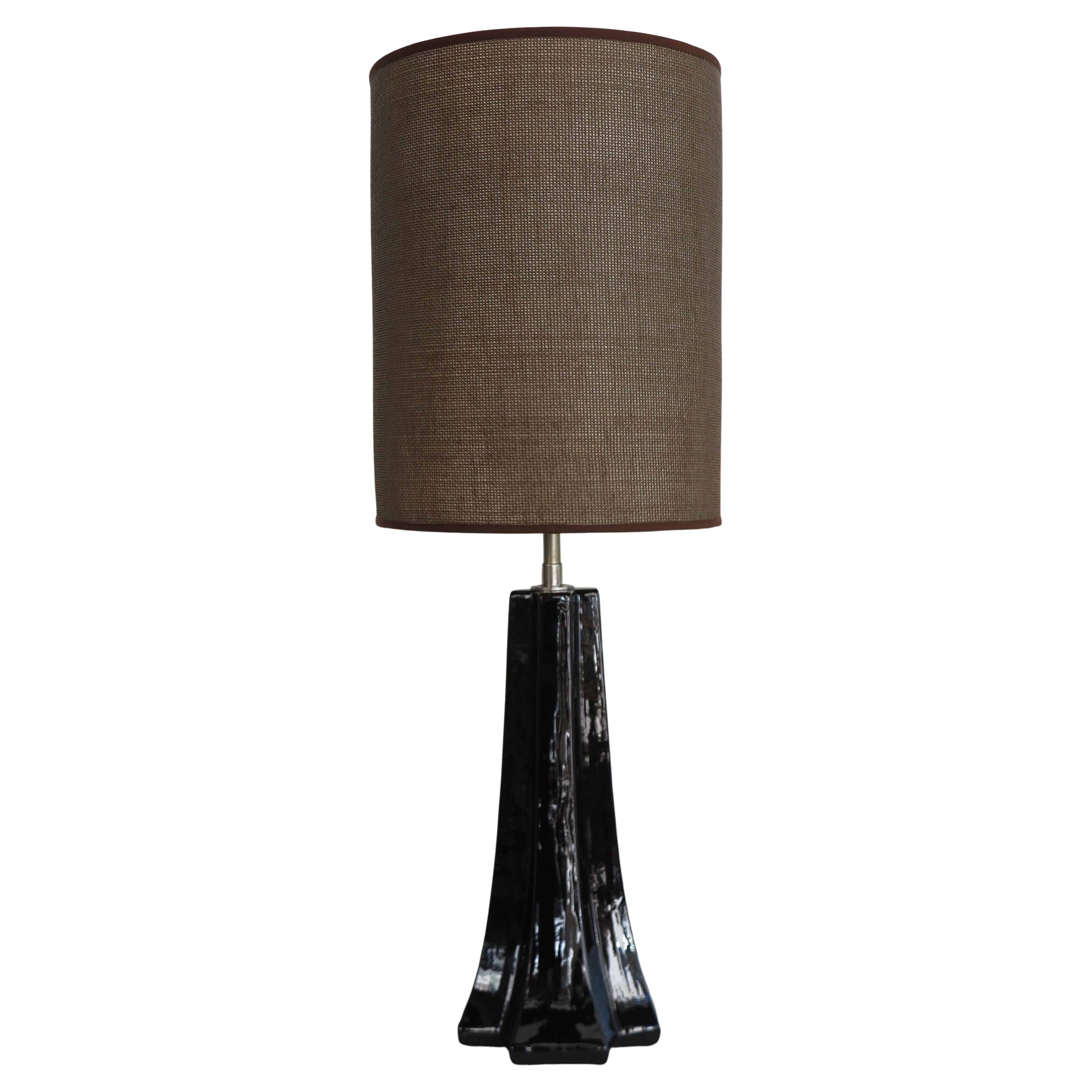 Italian Large Ceramic and Fabric Lampshade Table Lamp, 1960s