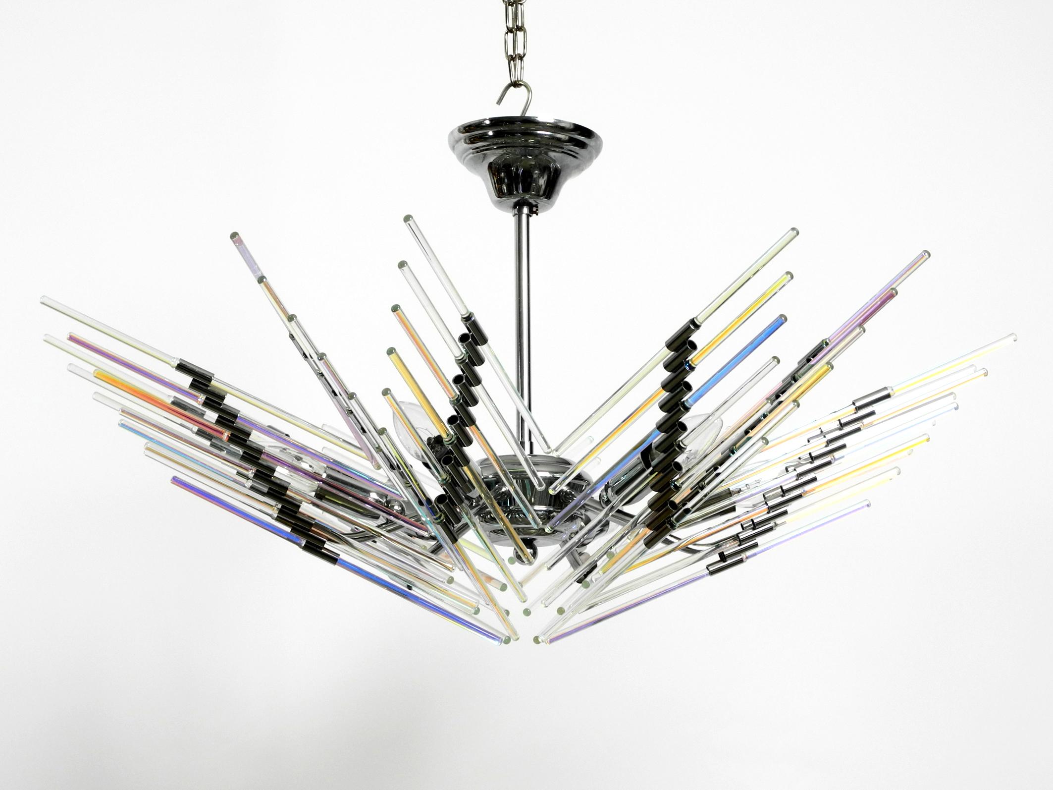 Post-Modern Italian Large Chrome Ceiling Lamp with Long Iridescent Glass Rods from the 1980s