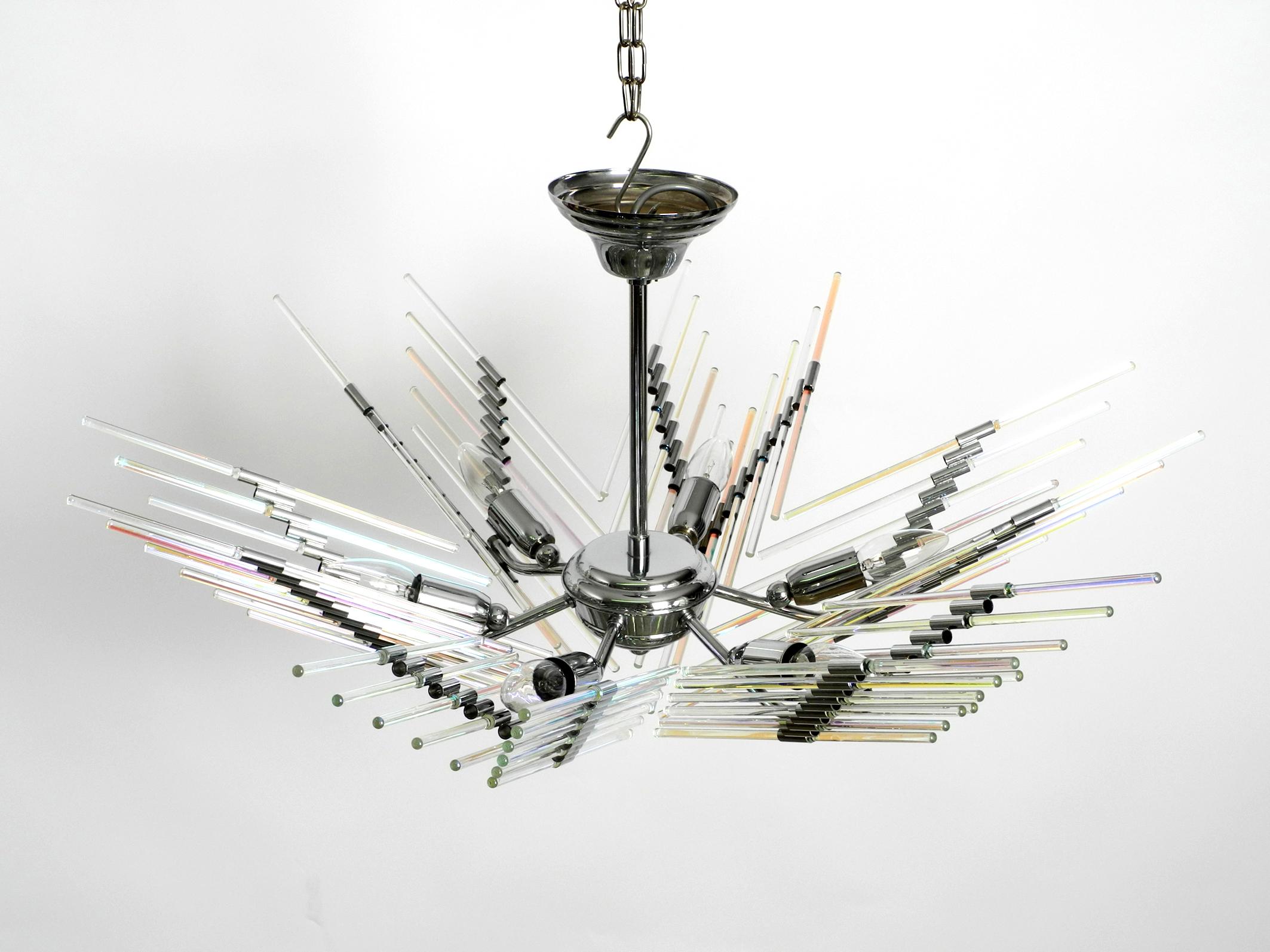 Late 20th Century Italian Large Chrome Ceiling Lamp with Long Iridescent Glass Rods from the 1980s