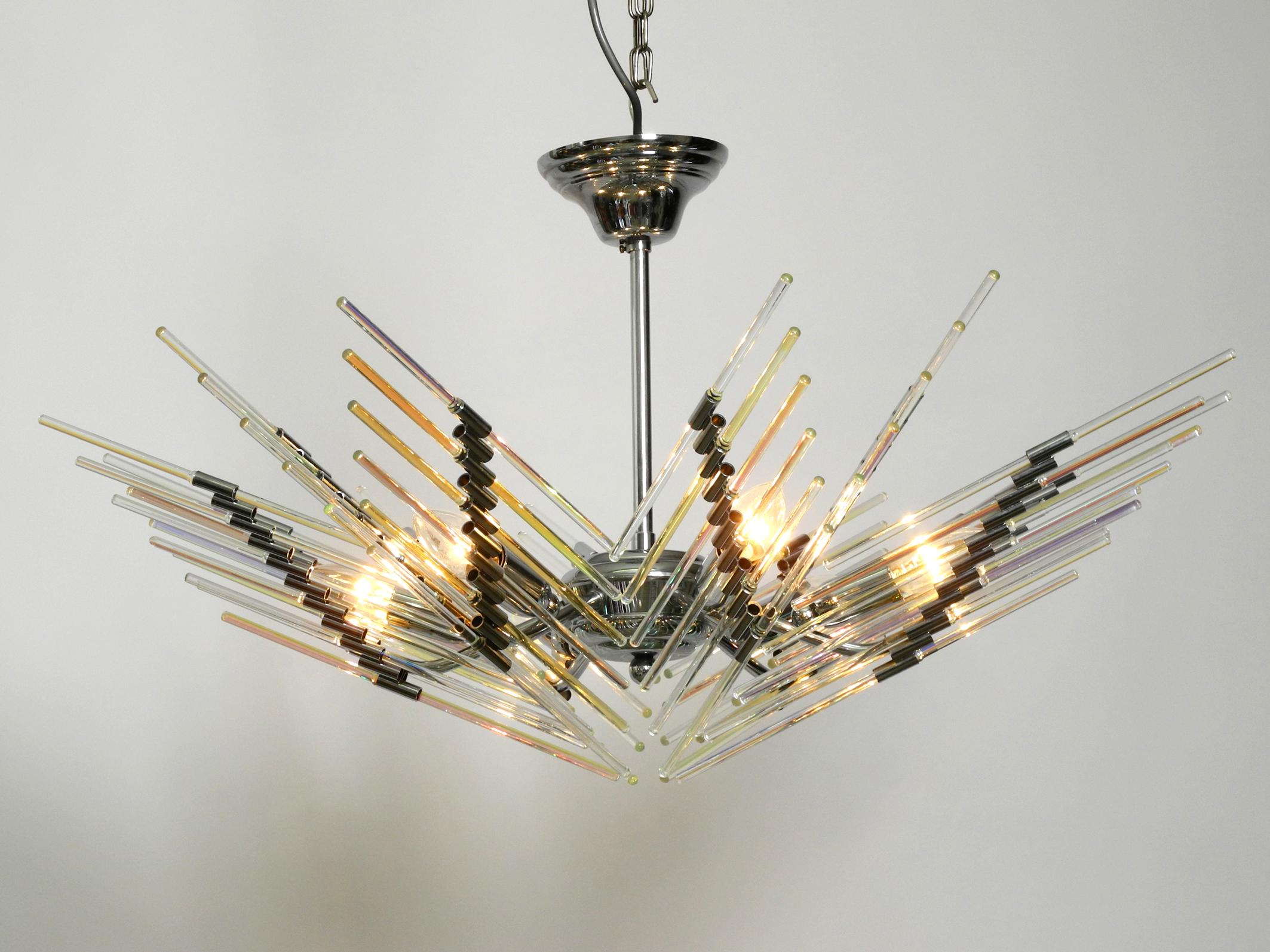 Metal Italian Large Chrome Ceiling Lamp with Long Iridescent Glass Rods from the 1980s
