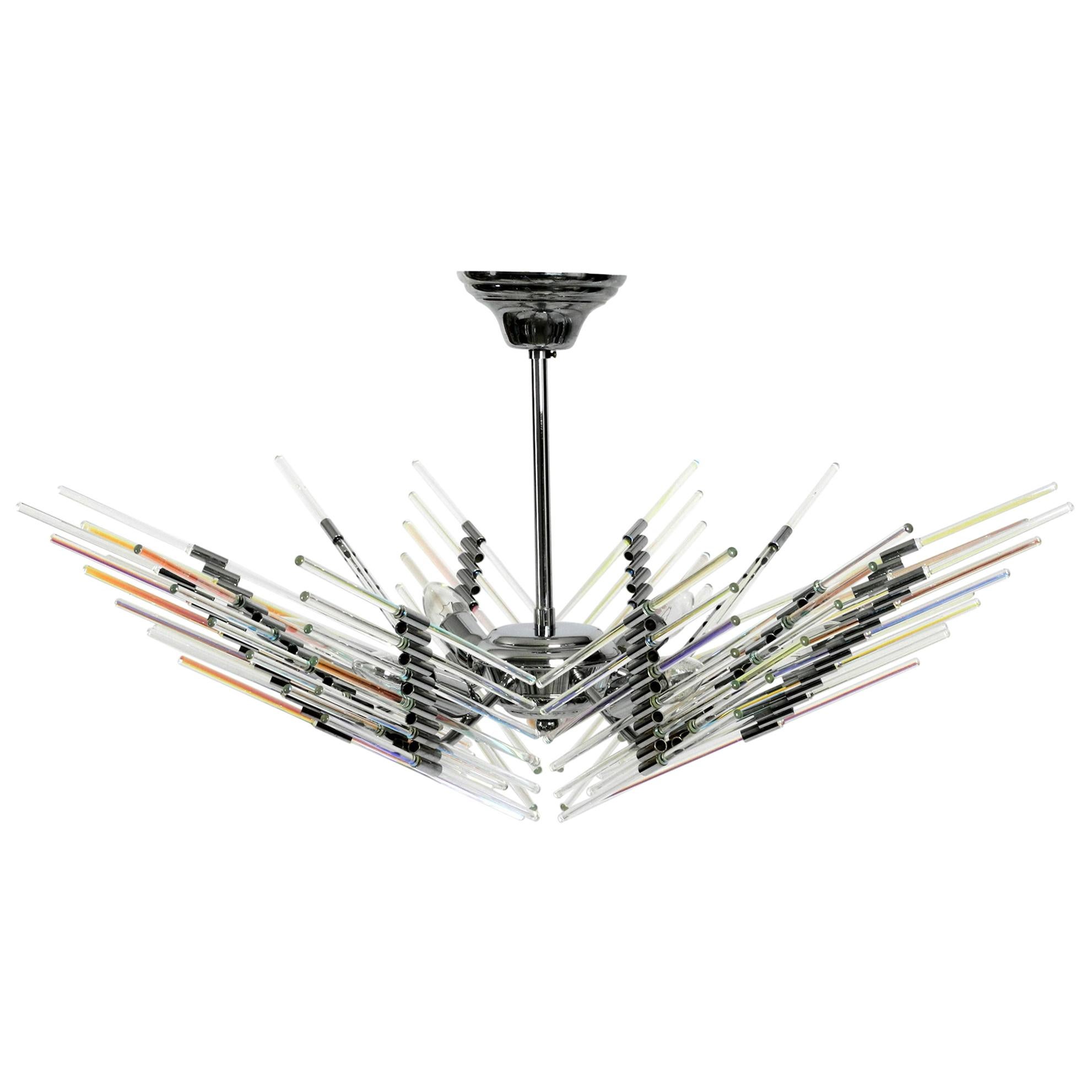 Italian Large Chrome Ceiling Lamp with Long Iridescent Glass Rods from the 1980s