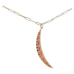 Italian Large Coral Diamond Moon Pendant on Paperclip Chain Necklace 18" 14KT