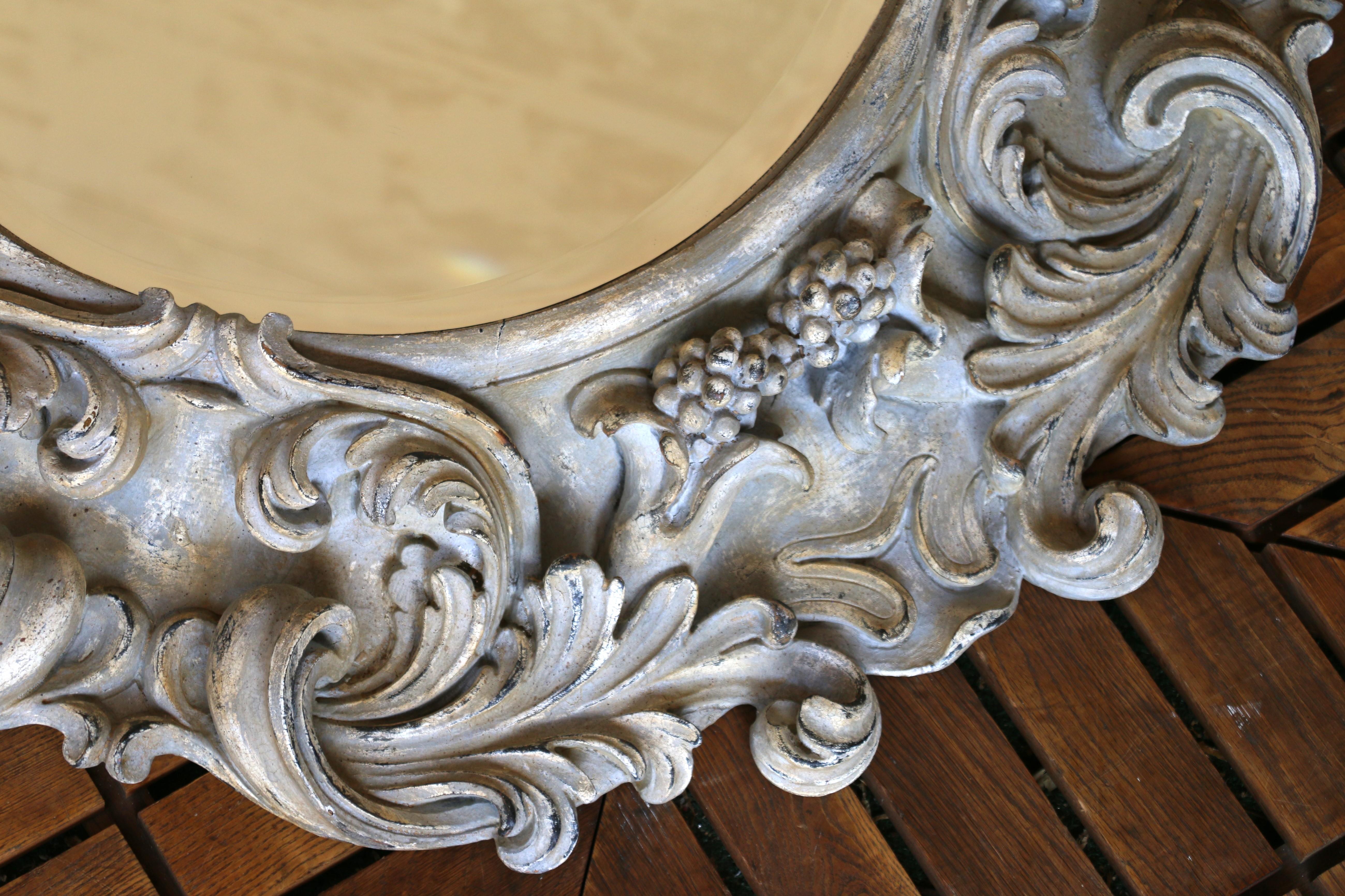 Italian Large Deeply Carved Wooden Oval Mirror With Beveled Glass, Circa 1980s For Sale 10