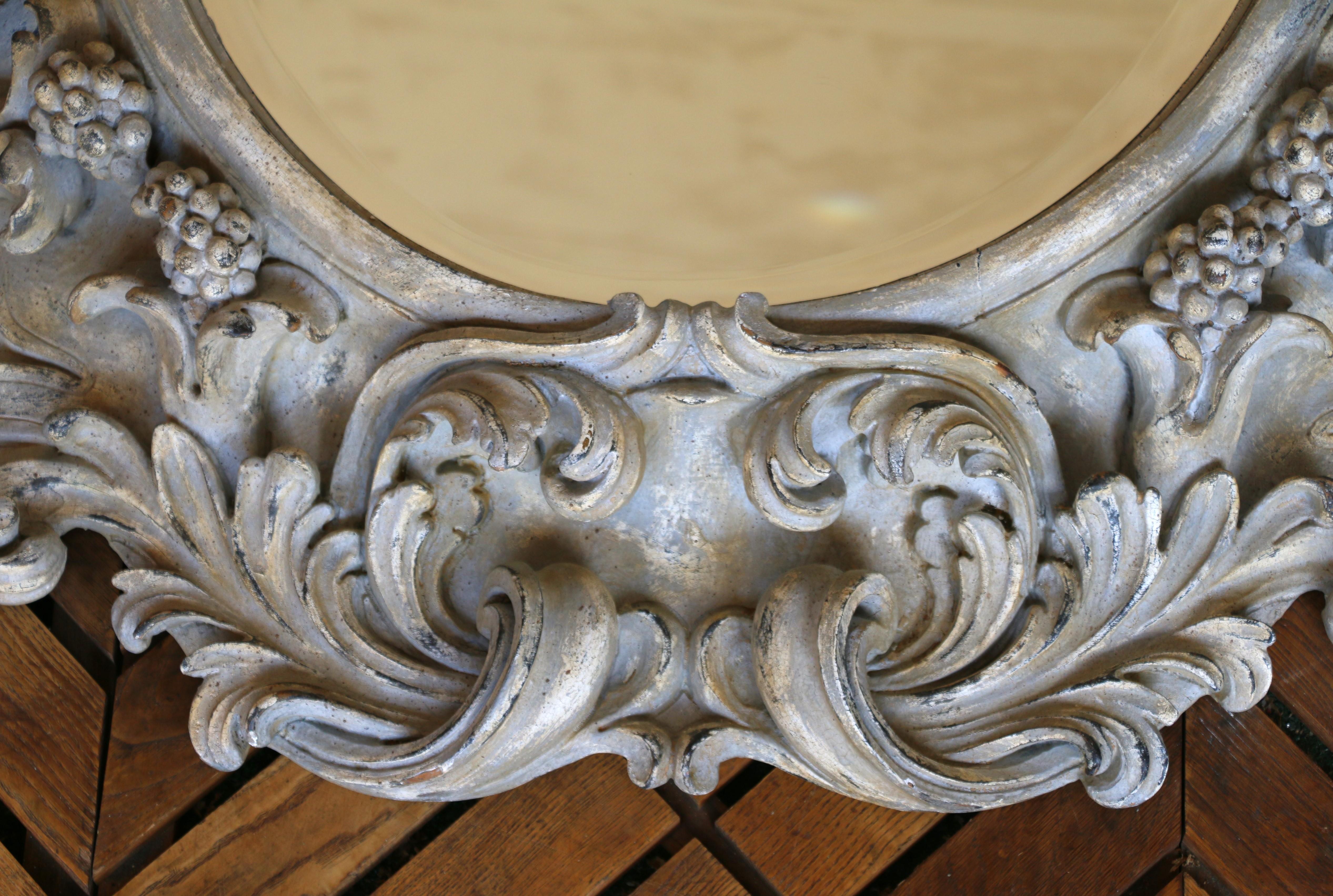 Italian Large Deeply Carved Wooden Oval Mirror With Beveled Glass, Circa 1980s For Sale 4
