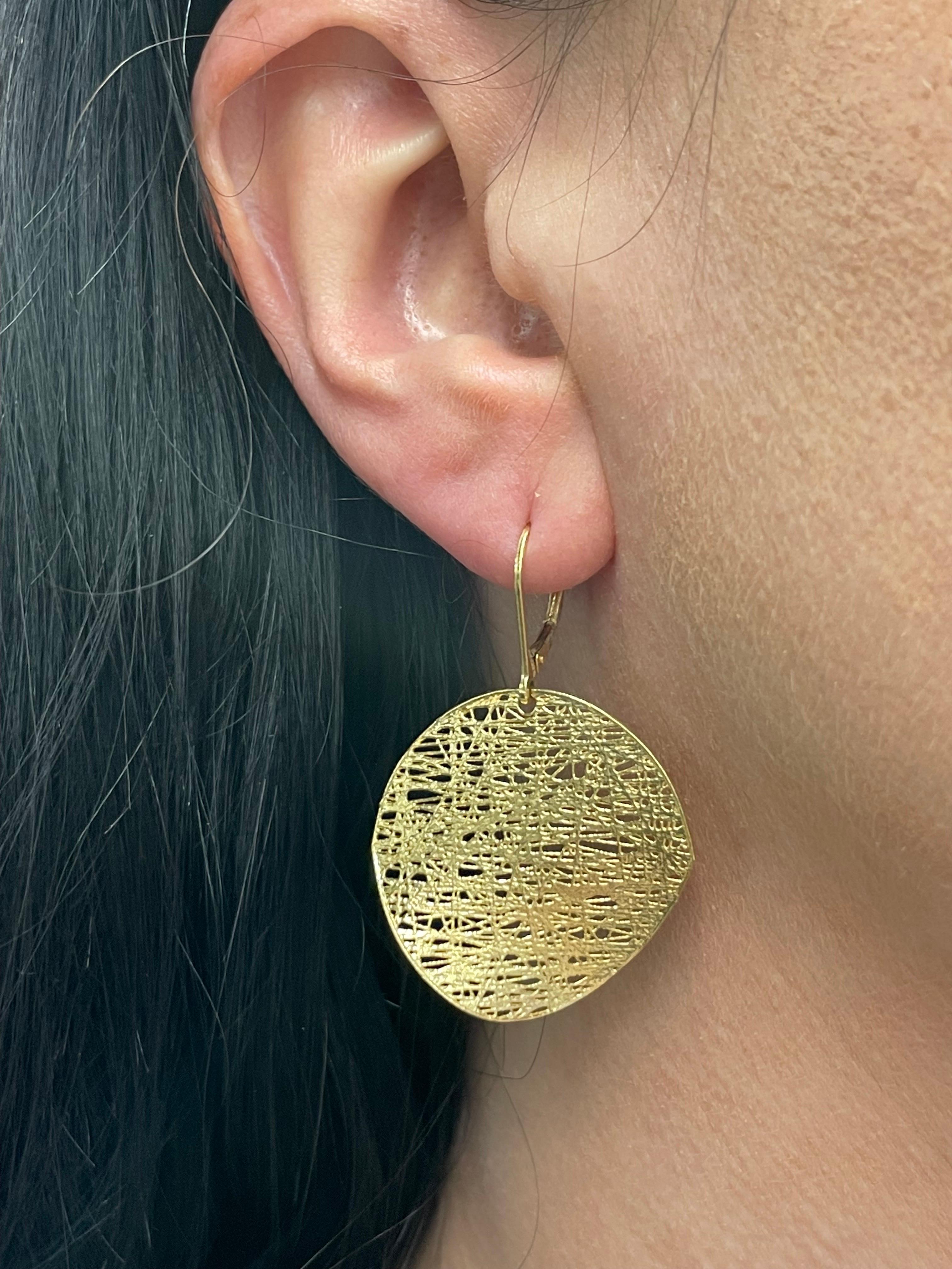 Women's Italian Large Disc 'Lace' Drop Earrings 14 Karat Yellow Gold 4.54 Grams