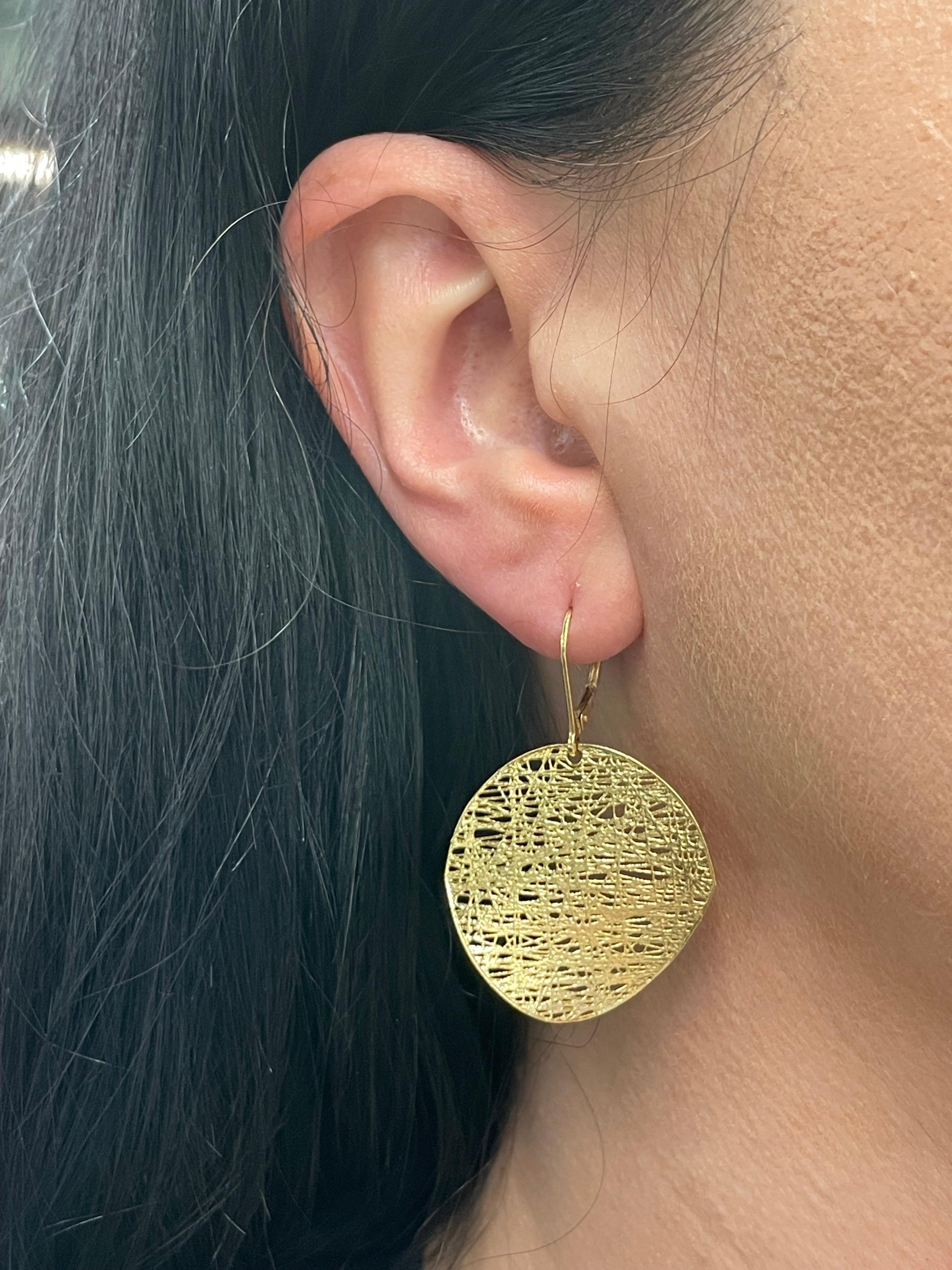 Italian Large Disc 'Lace' Drop Earrings 14 Karat Yellow Gold 4.54 Grams 1