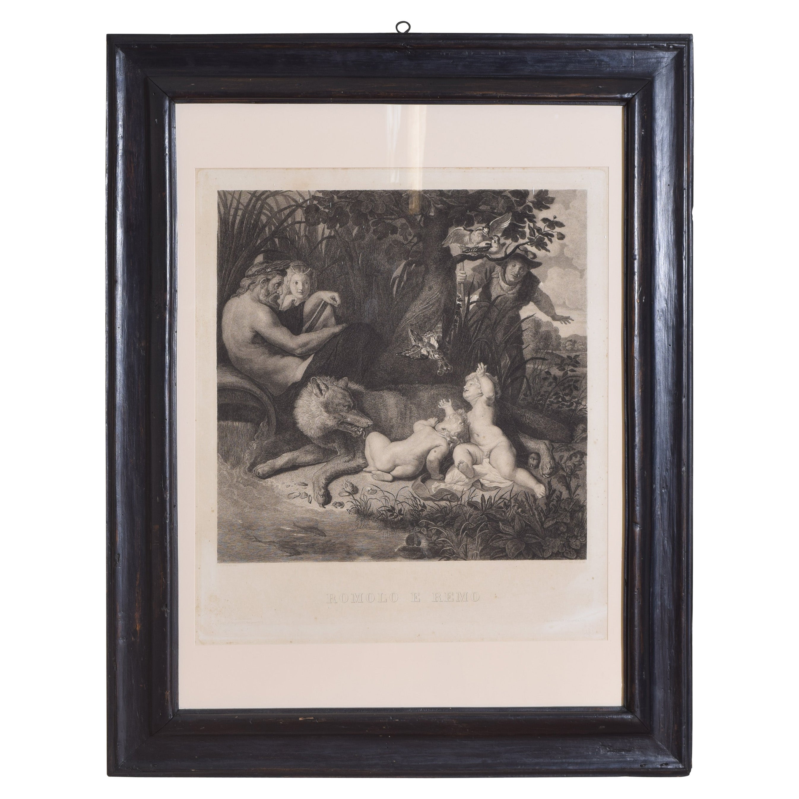 Grande gravure italienne de Romulus & Remus dans un cadre ébénisé, 2e moitié du 19e siècle