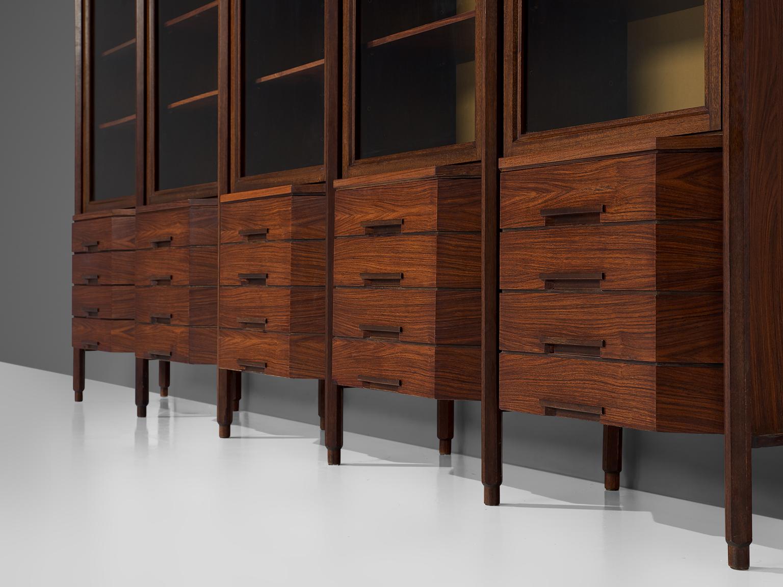 Glass Italian Large Five Sectioned Cabinet in Rosewood, 1960s