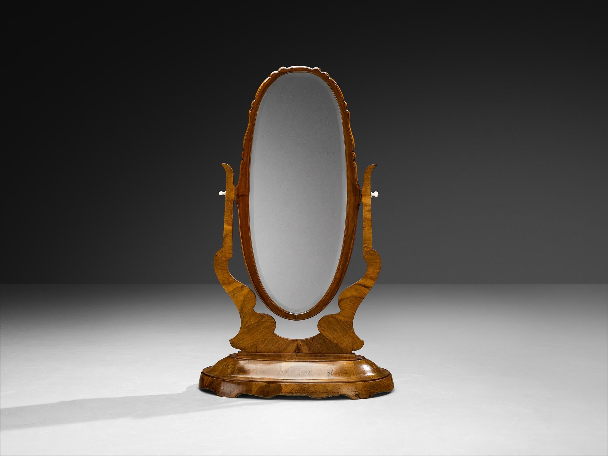 Milieu du XXe siècle Grand miroir Art Deco italien à poser en ronce de noyer en vente