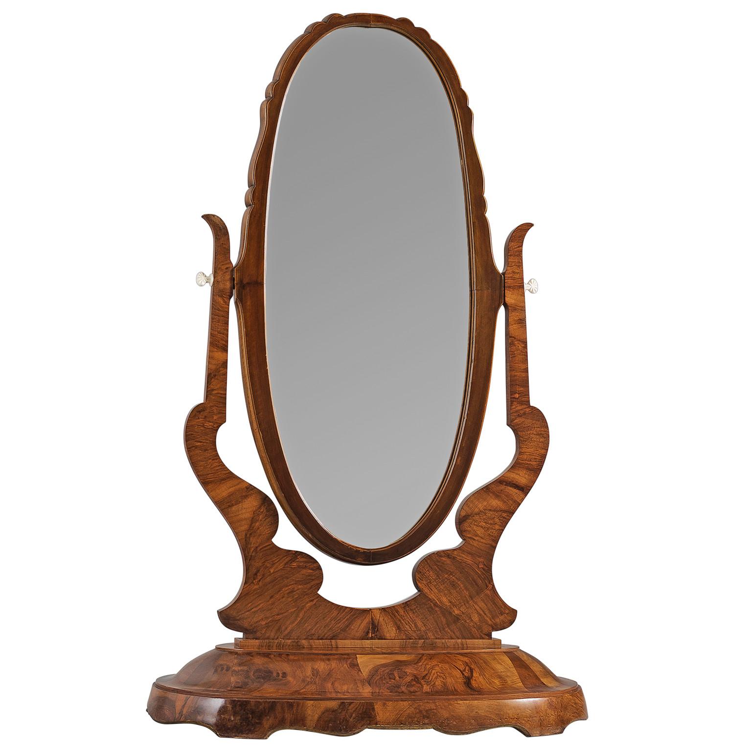 Italian Large Free-Standing Art Deco Mirror in Walnut Burl  For Sale