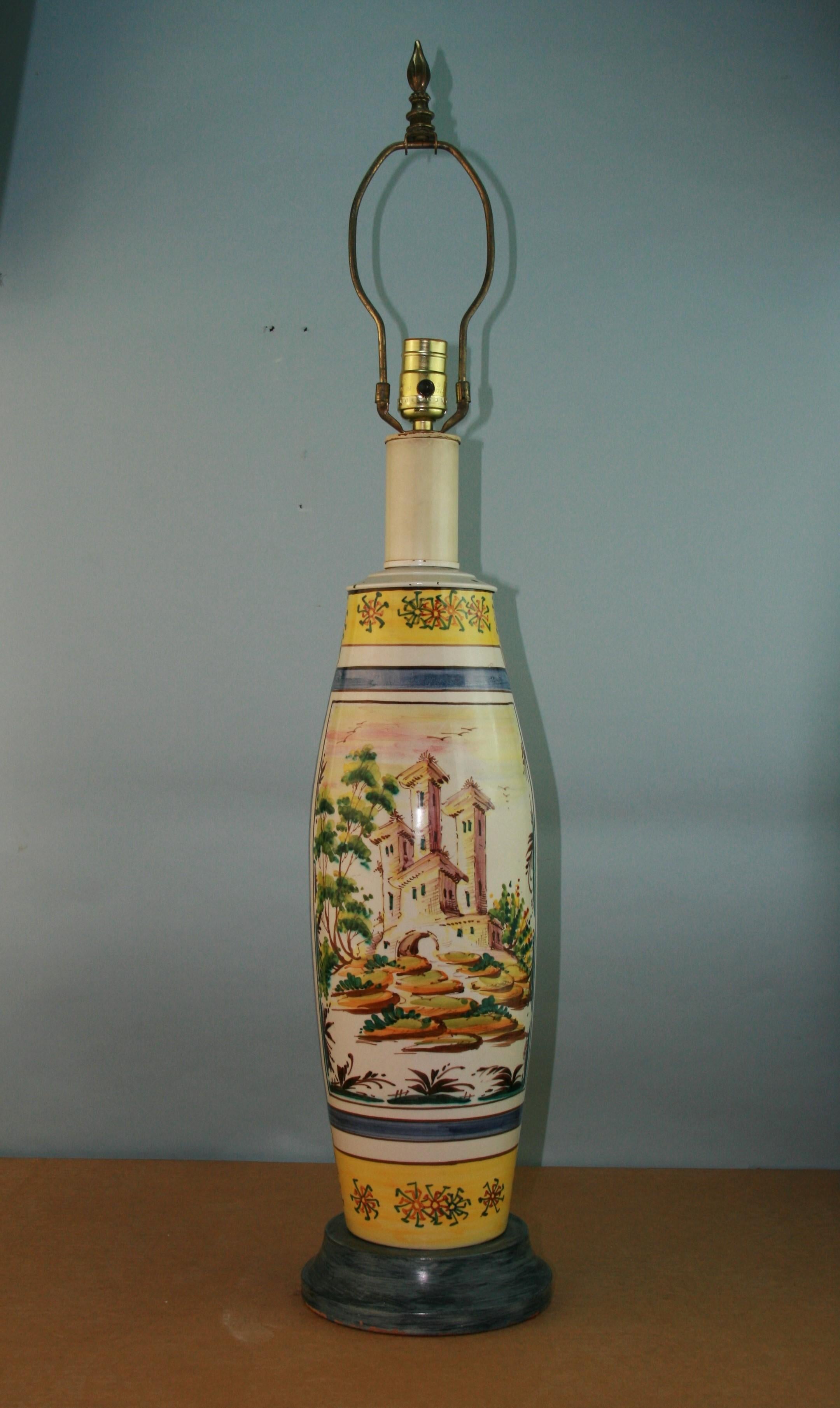 Hand-Painted Italian Large Hand Painted Faience Ceramic Lamp, circa 1960 For Sale