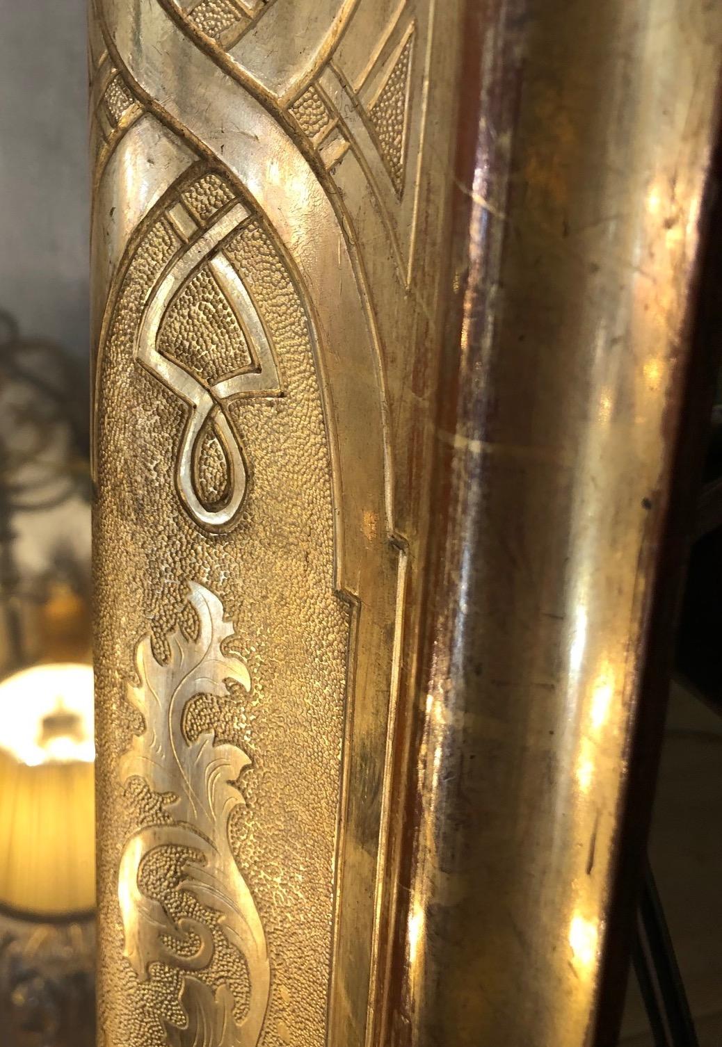 Italian Large Louis Philippe Mirror 1850s Bulino Carved Gilt-Wood Mercury Glass 13