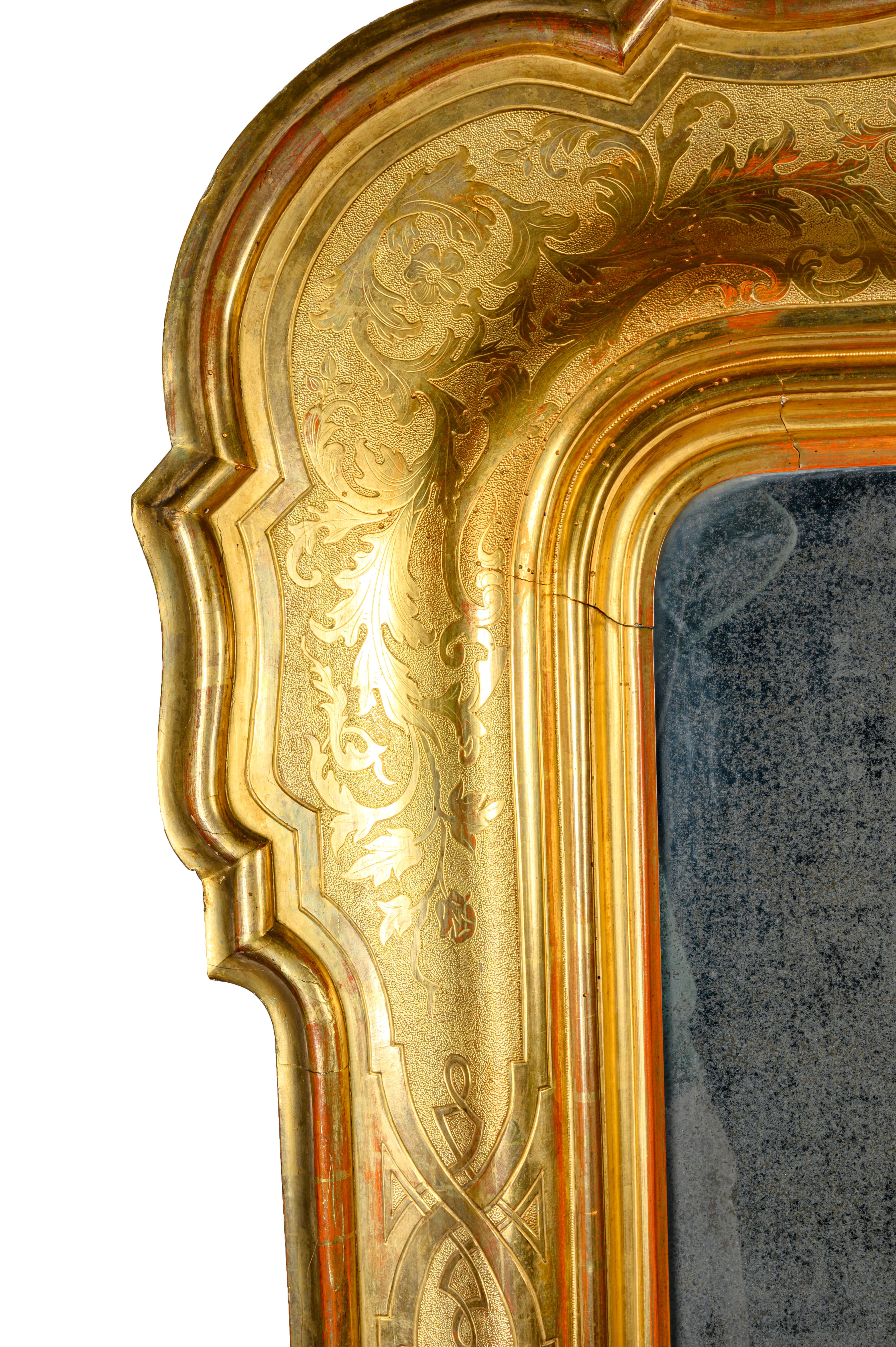 19th Century Italian Large Louis Philippe Mirror 1850s Bulino Carved Gilt-Wood Mercury Glass