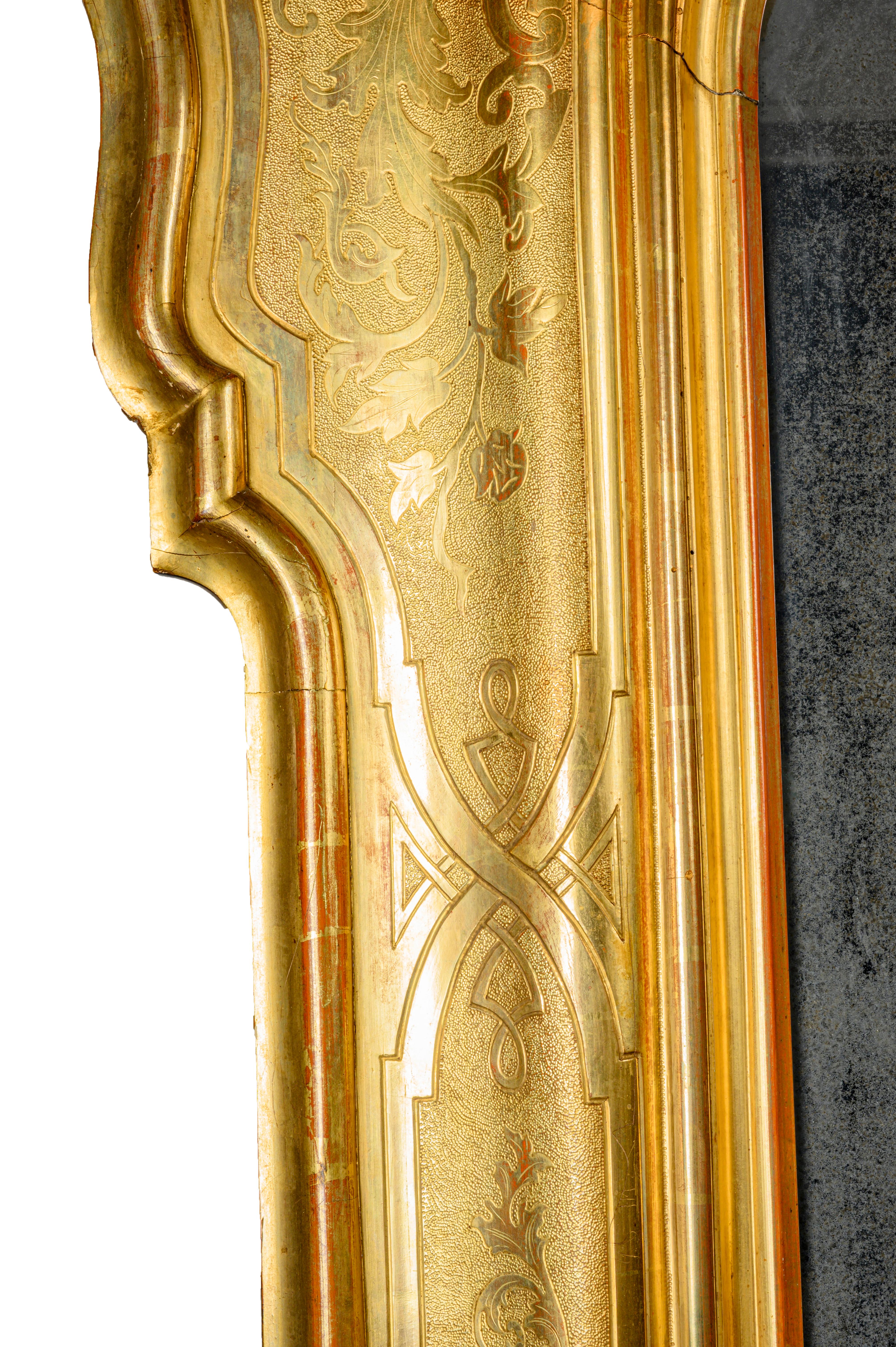 Giltwood Italian Large Louis Philippe Mirror 1850s Bulino Carved Gilt-Wood Mercury Glass