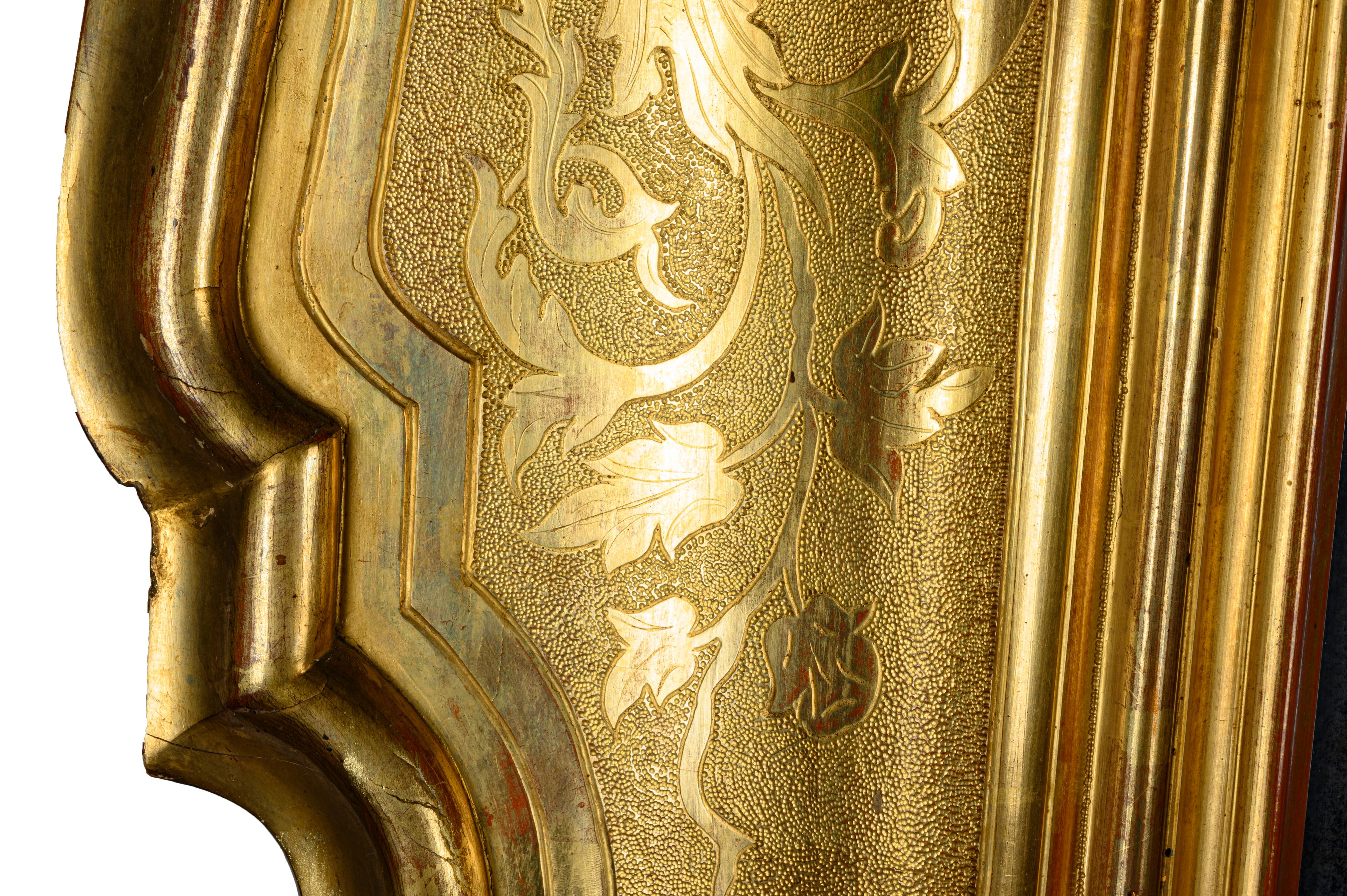 Italian Large Louis Philippe Mirror 1850s Bulino Carved Gilt-Wood Mercury Glass 1