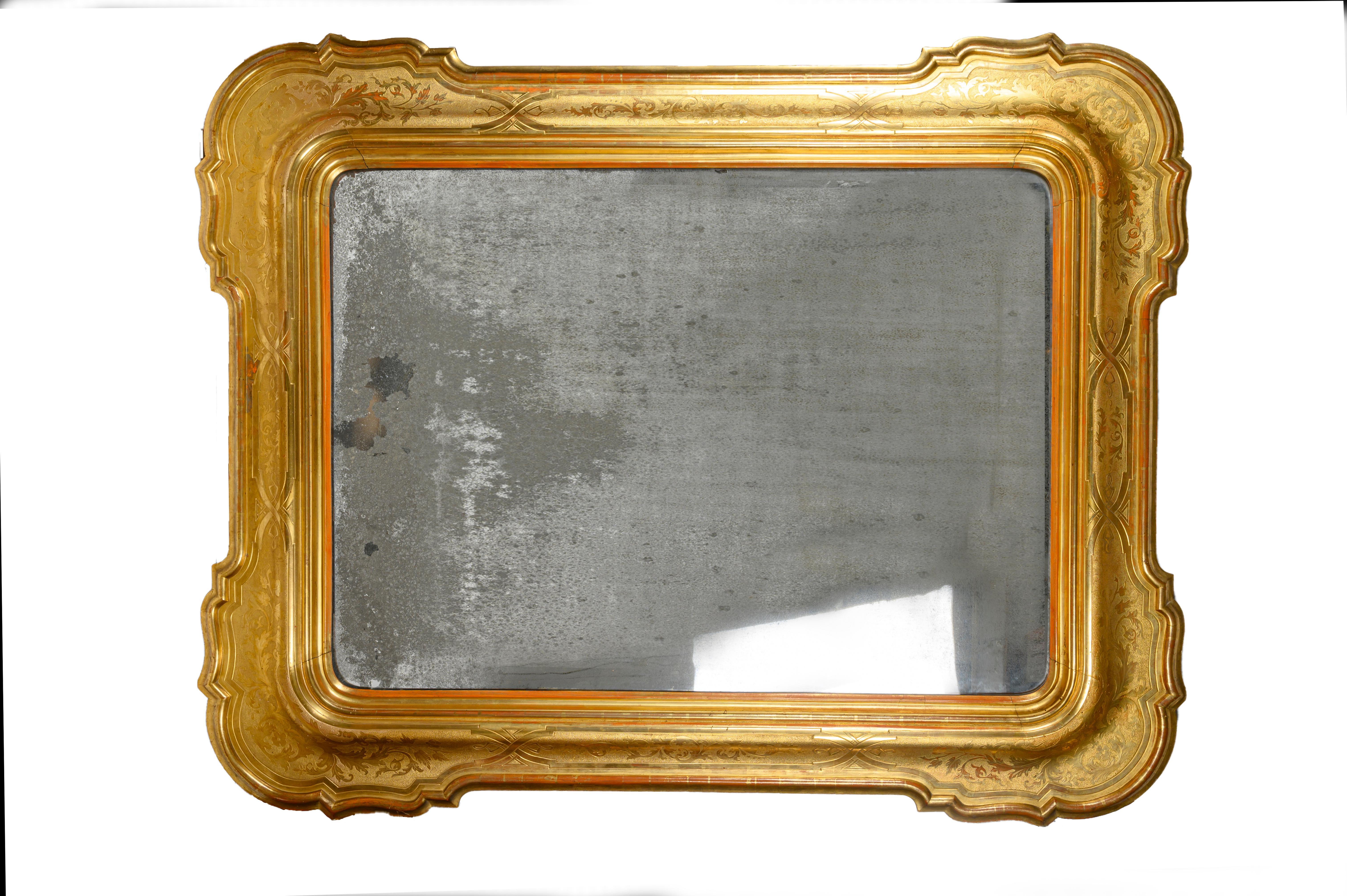 Italian Large Louis Philippe Mirror 1850s Bulino Carved Gilt-Wood Mercury Glass In Good Condition In Milan, IT