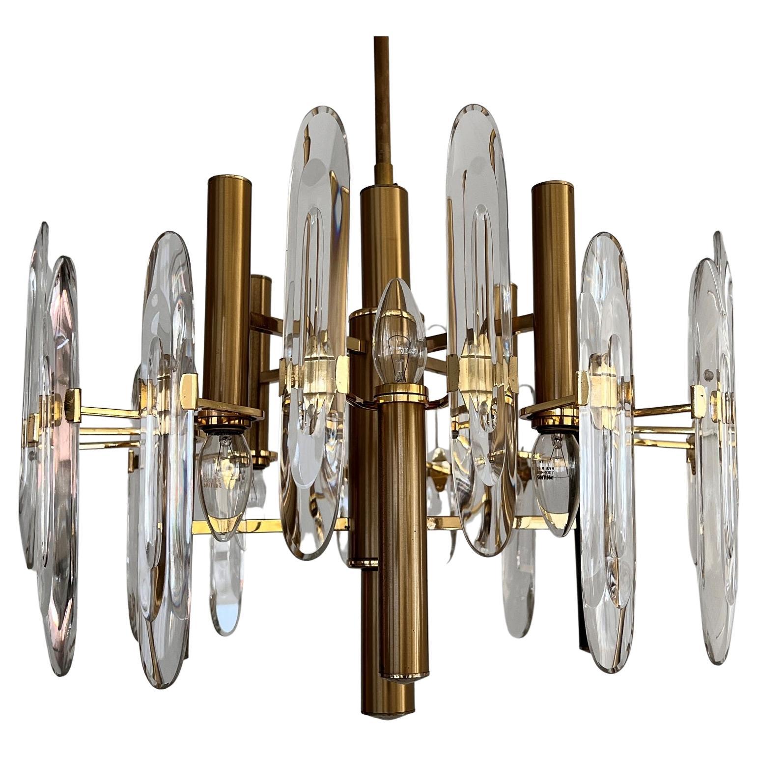 Italian Large Mid-Century Brass and Crystal Chandelier by Gaetano Sciolari, 70s For Sale