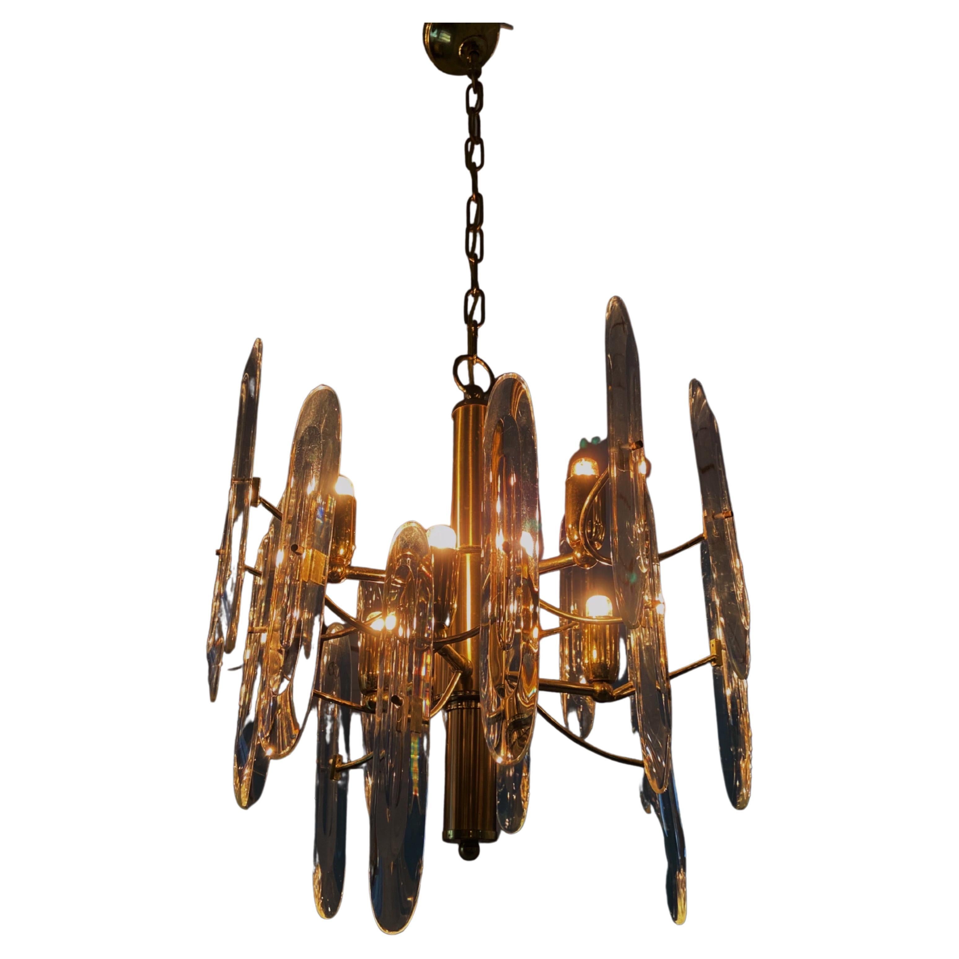 Italian Large Mid-Century Brass and Crystal Chandelier by Gaetano Sciolari, 70s