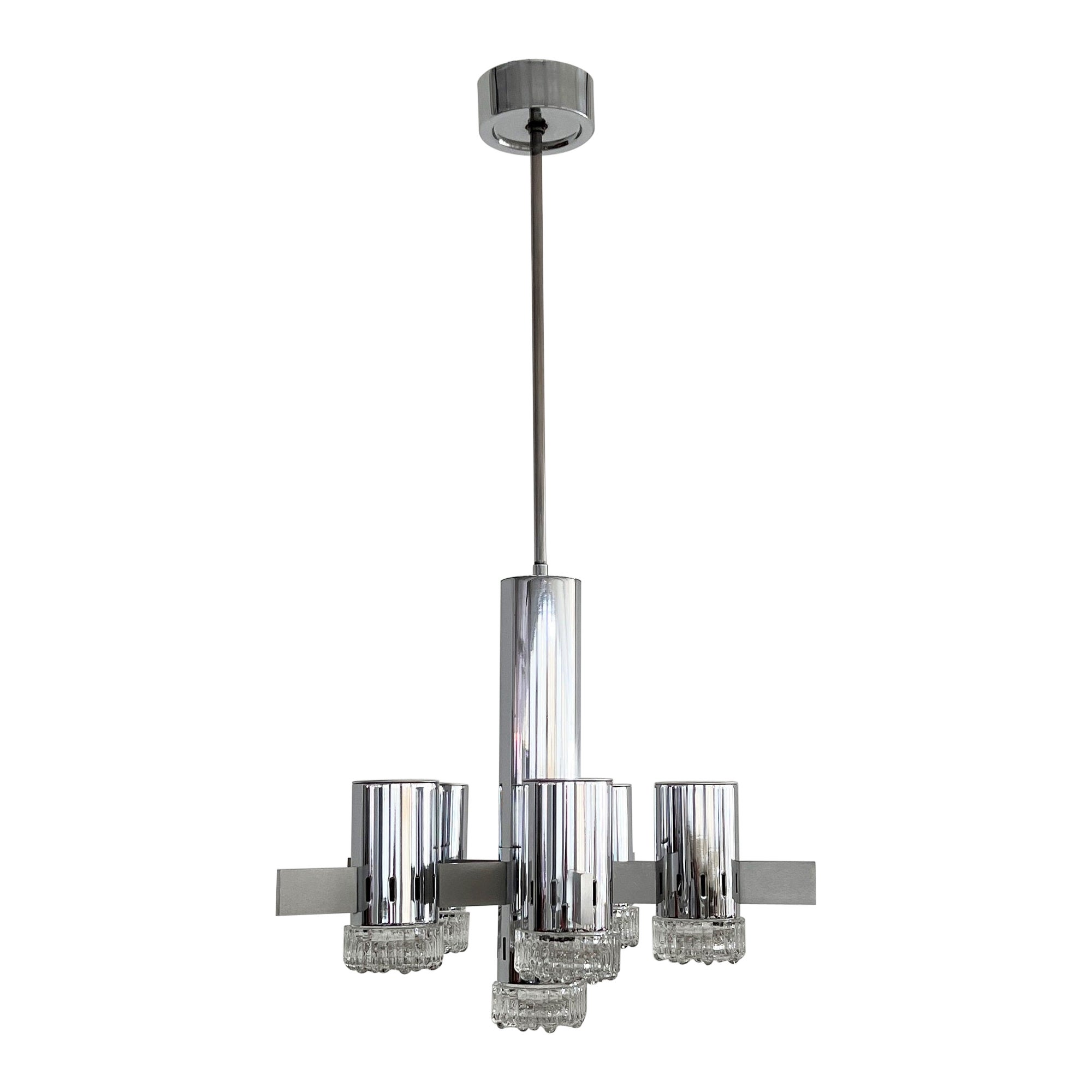 Grande lampadario Sputnik italiano di metà secolo in cromo e vetro di Sciolari, anni '60