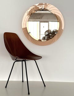 Italian Large Midcentury Round Glass Wall Mirror in Pink, 1970s