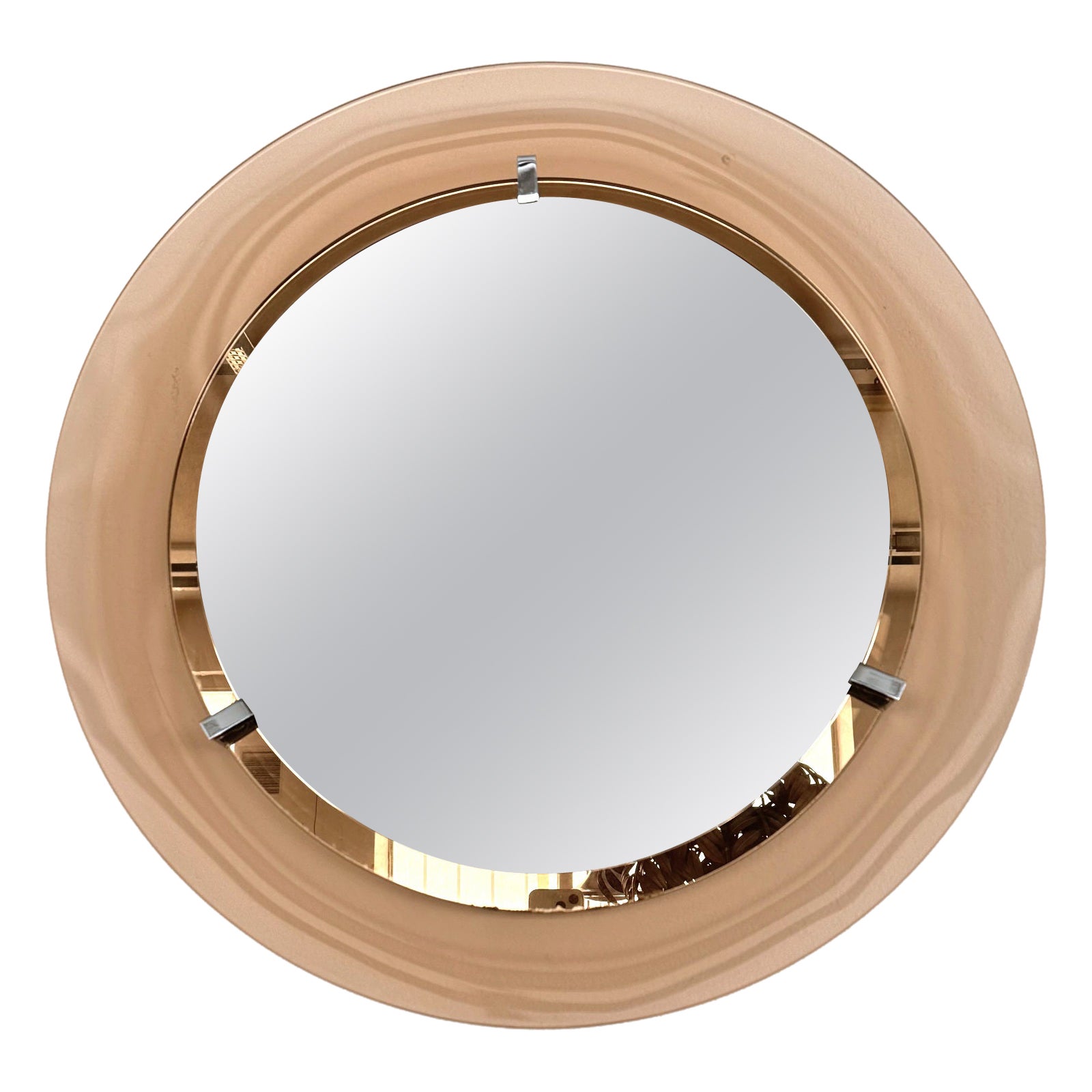 Italienischer großer runder Glaswandspiegel aus der Jahrhundertmitte in Rosa, 1970er Jahre