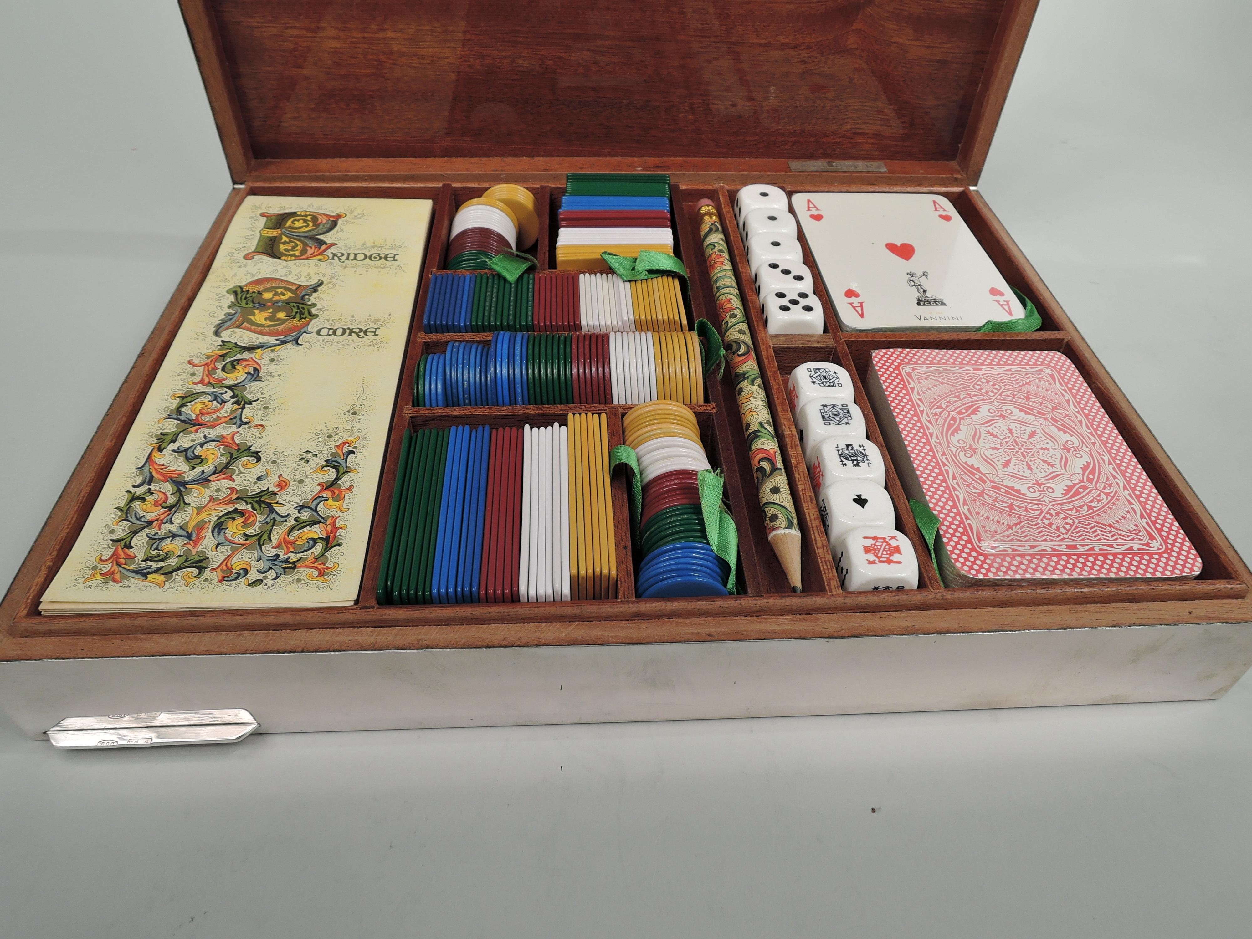 20th Century Italian Large & Modern Silver Game Box with Cards, Chips & Dice