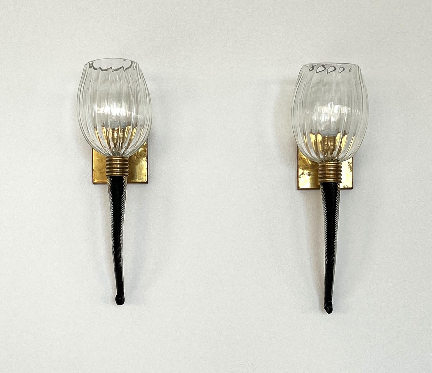 Mid-Century Modern Italian Large Murano Glass Wall Lights or Sconces in Barovier Toso Style, 1990s For Sale