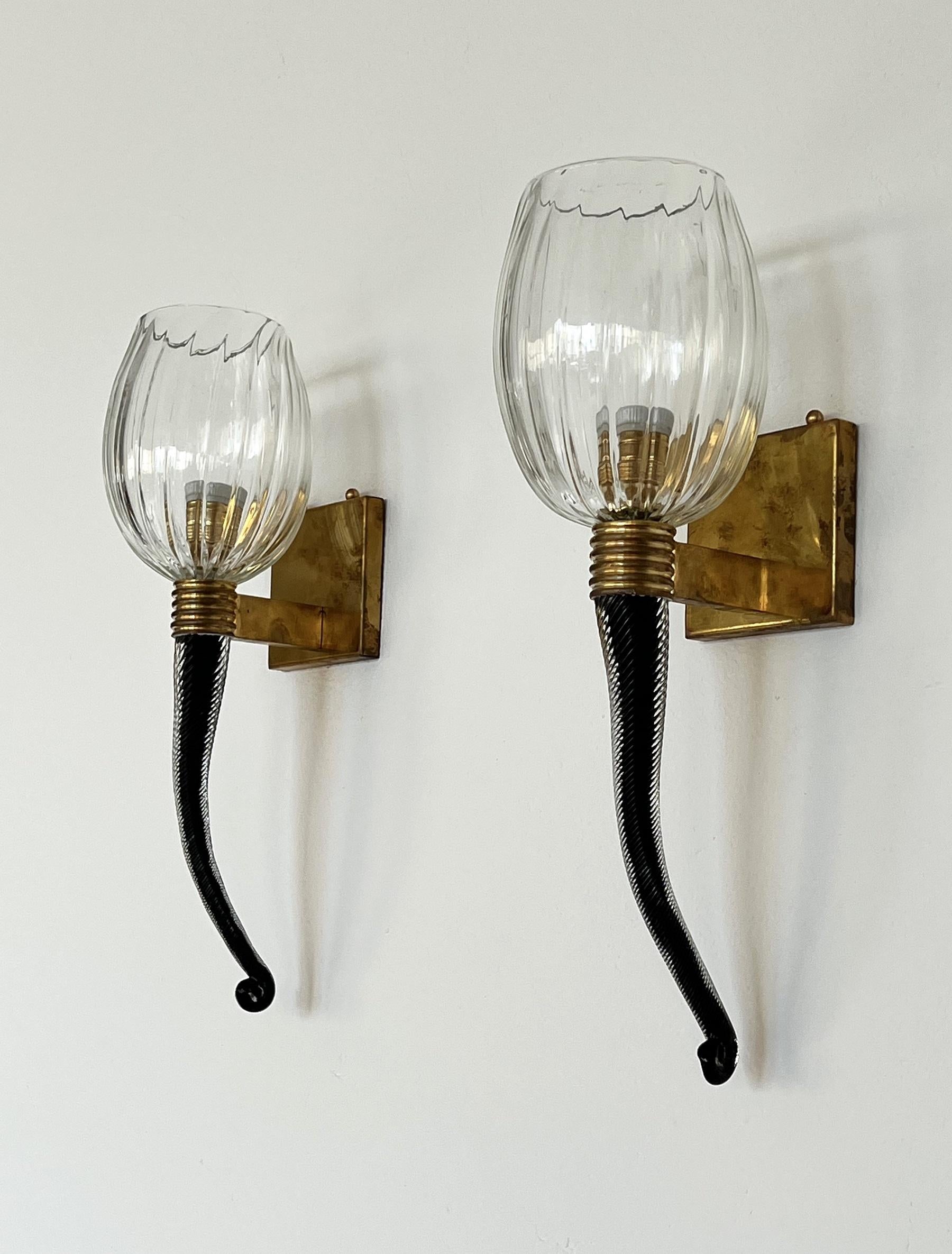 Hand-Crafted Italian Large Murano Glass Wall Lights or Sconces in Barovier Toso Style, 1990s For Sale