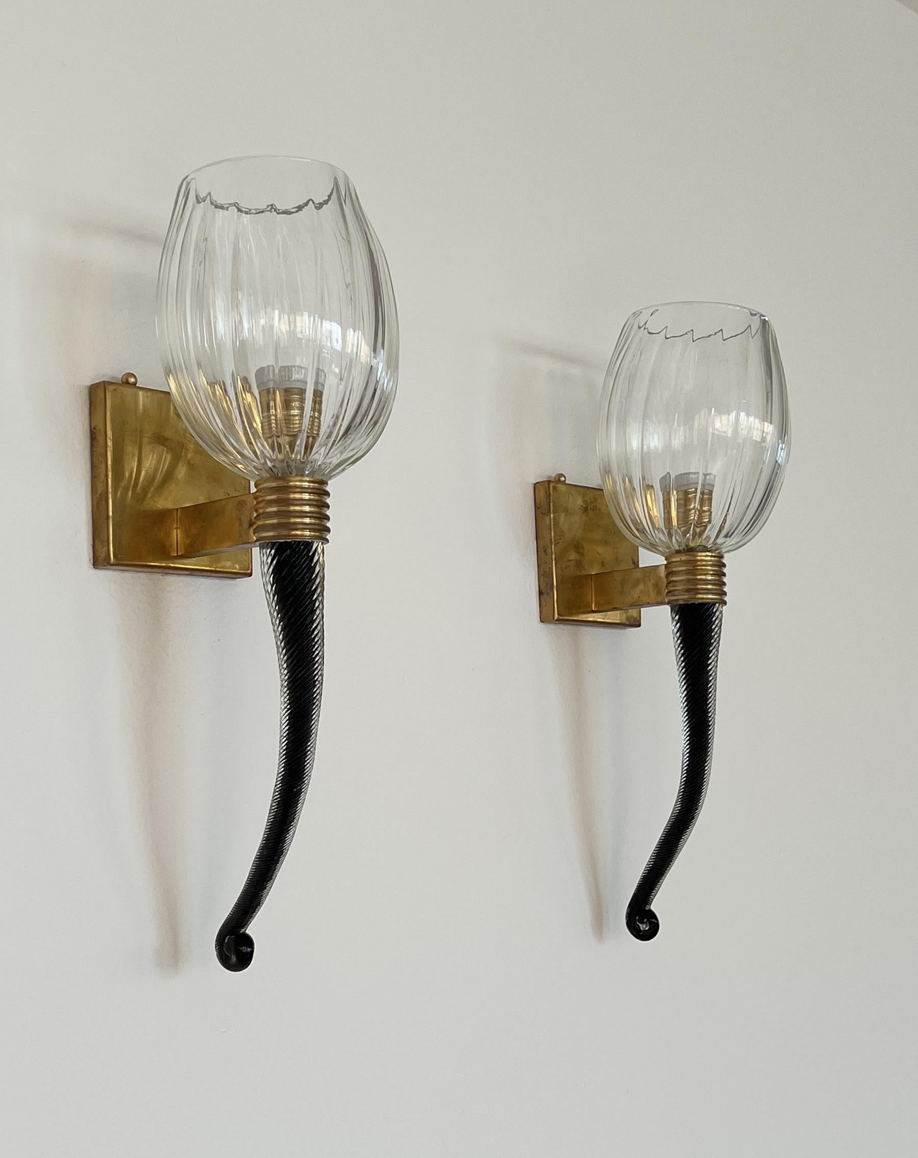 Italian Large Murano Glass Wall Lights or Sconces in Barovier Toso Style, 1990s In Good Condition In Morazzone, Varese