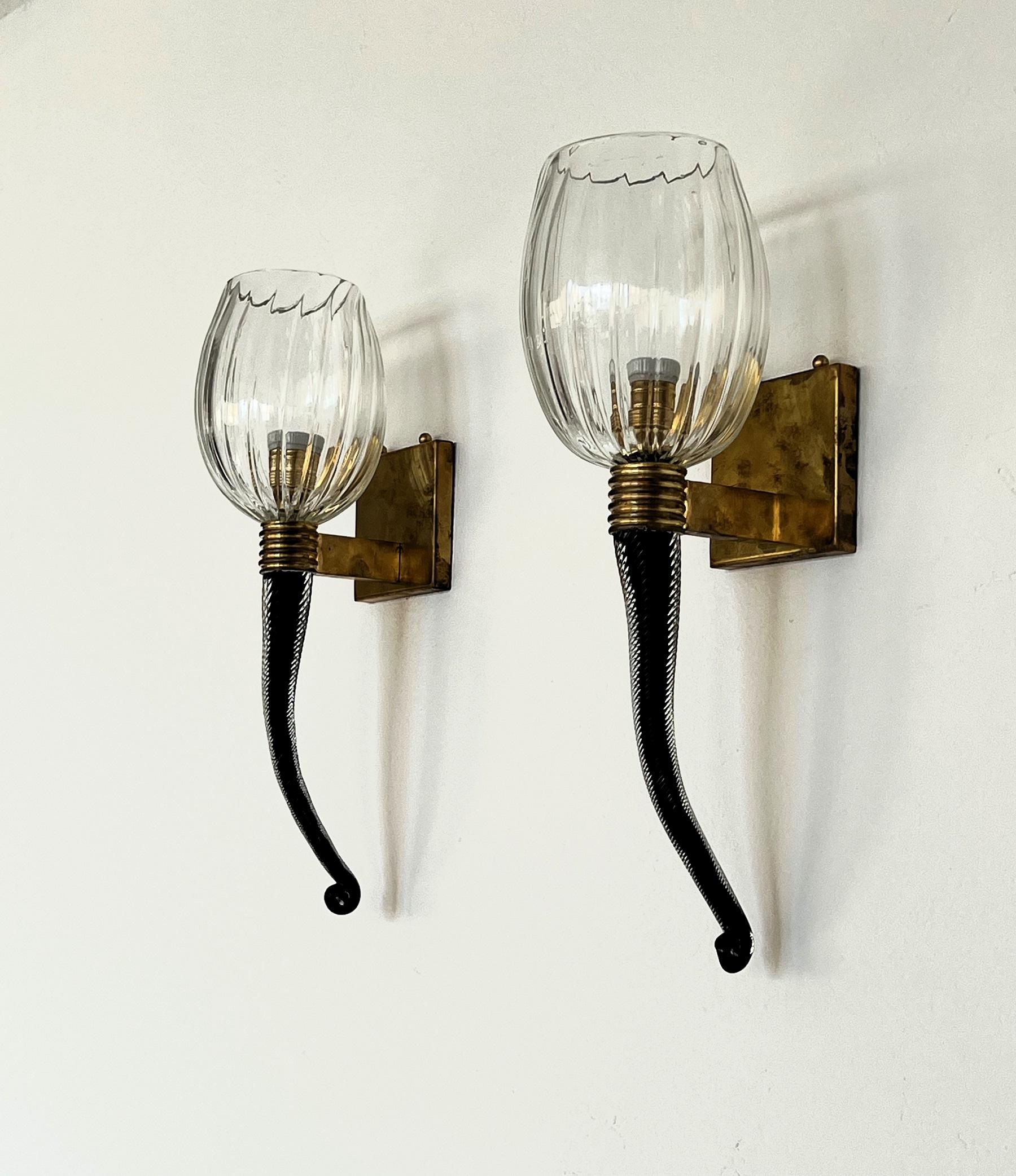 Brass Italian Large Murano Glass Wall Lights or Sconces in Barovier Toso Style, 1990s For Sale