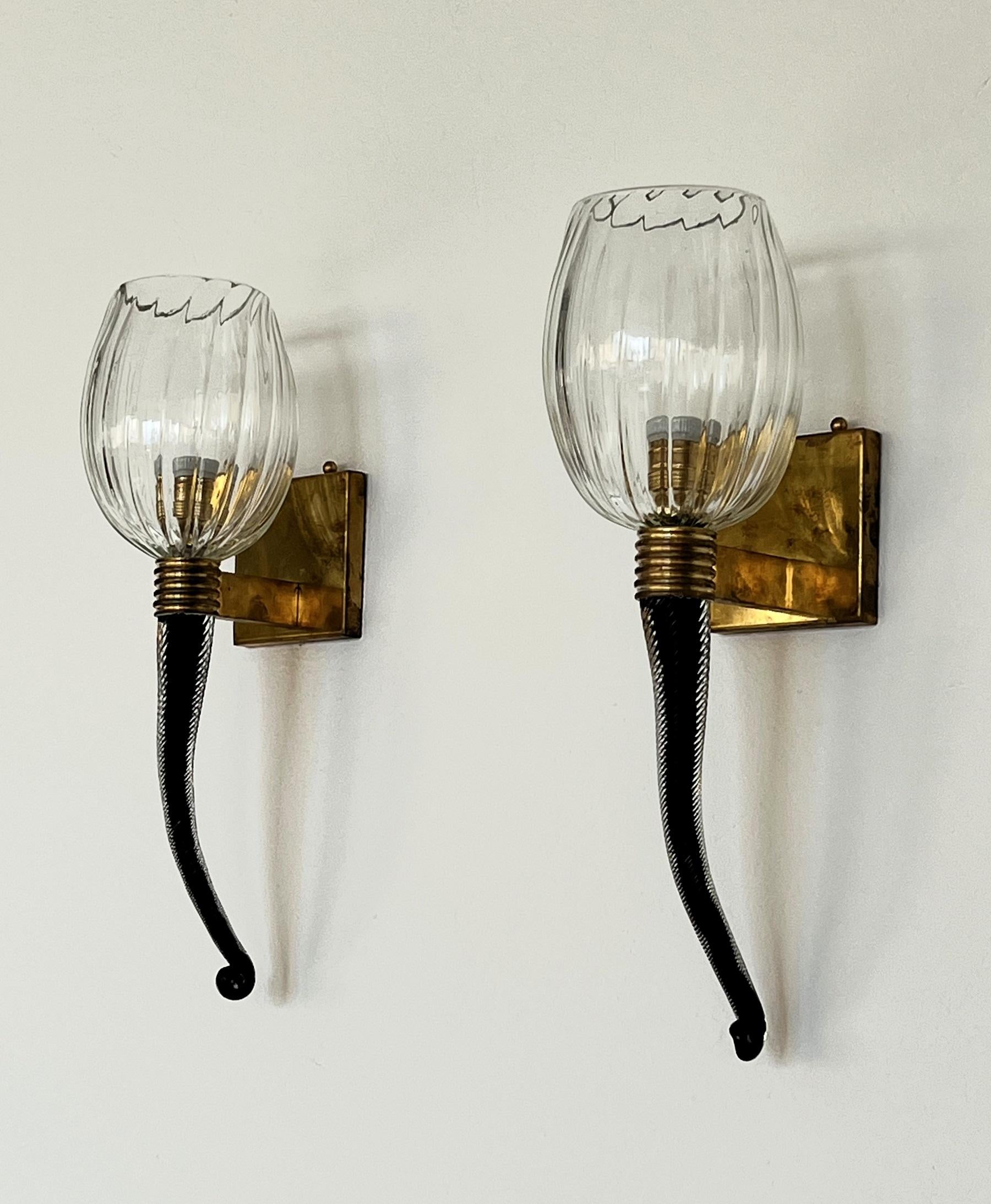 Italian Large Murano Glass Wall Lights or Sconces in Barovier Toso Style, 1990s For Sale 1