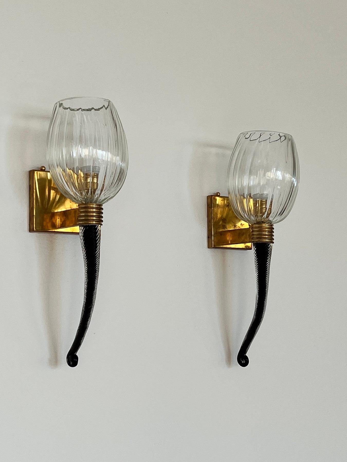 Italian Large Murano Glass Wall Lights or Sconces in Barovier Toso Style, 1990s For Sale 2