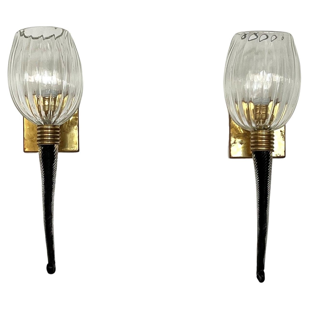Italian Large Murano Glass Wall Lights or Sconces in Barovier Toso Style, 1990s For Sale