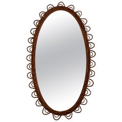 Italian Large Organic Designer Wall Mirror in Rattan and Bamboo, 1960s
