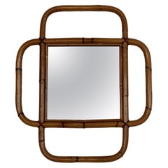 Italian Large Organic Designer Wall Mirror in Rattan and Bamboo, 1970s