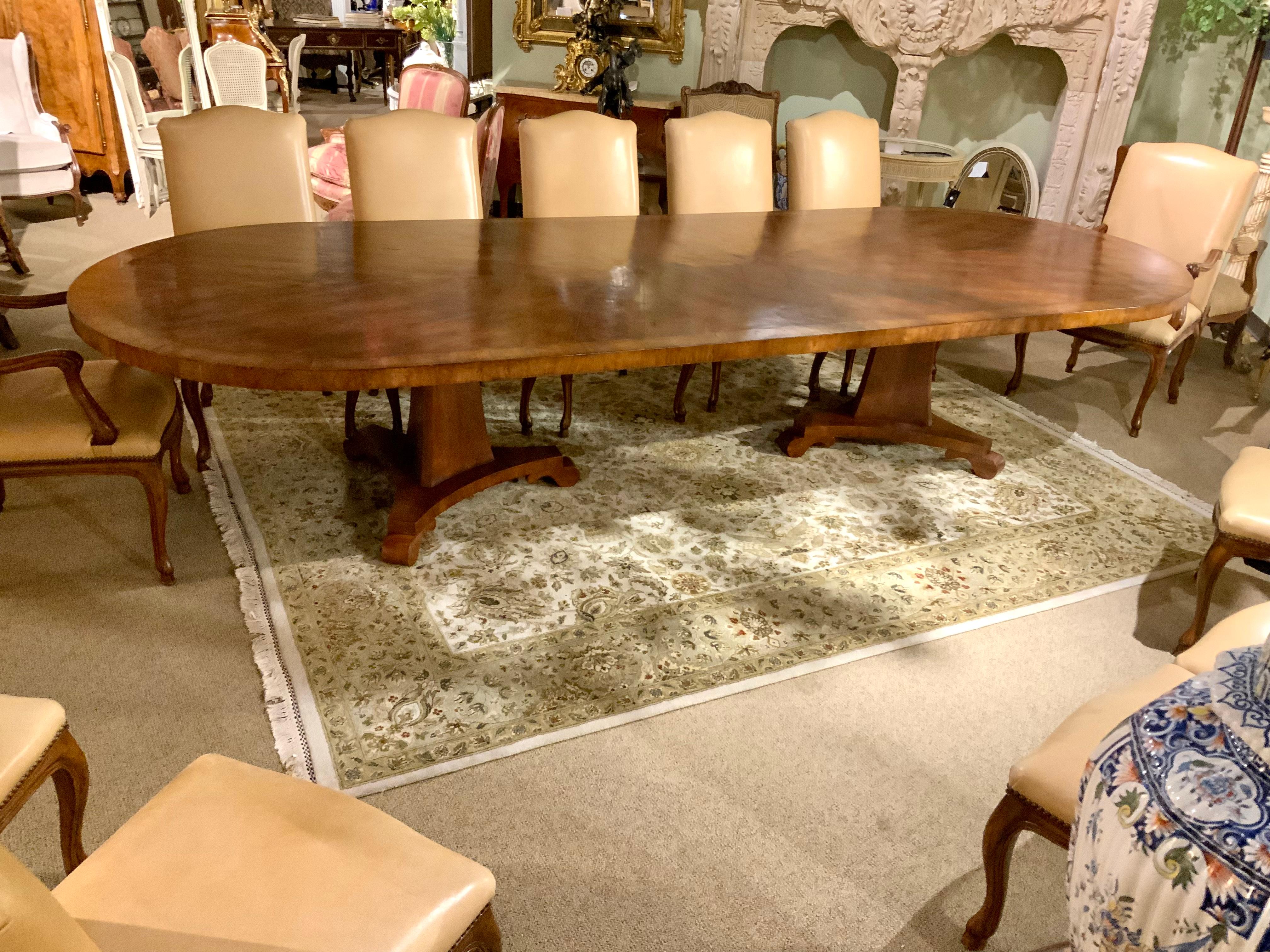 Italian Large Oval Dining Table with Two Pedestals 12 Leather High Back Chairs 3