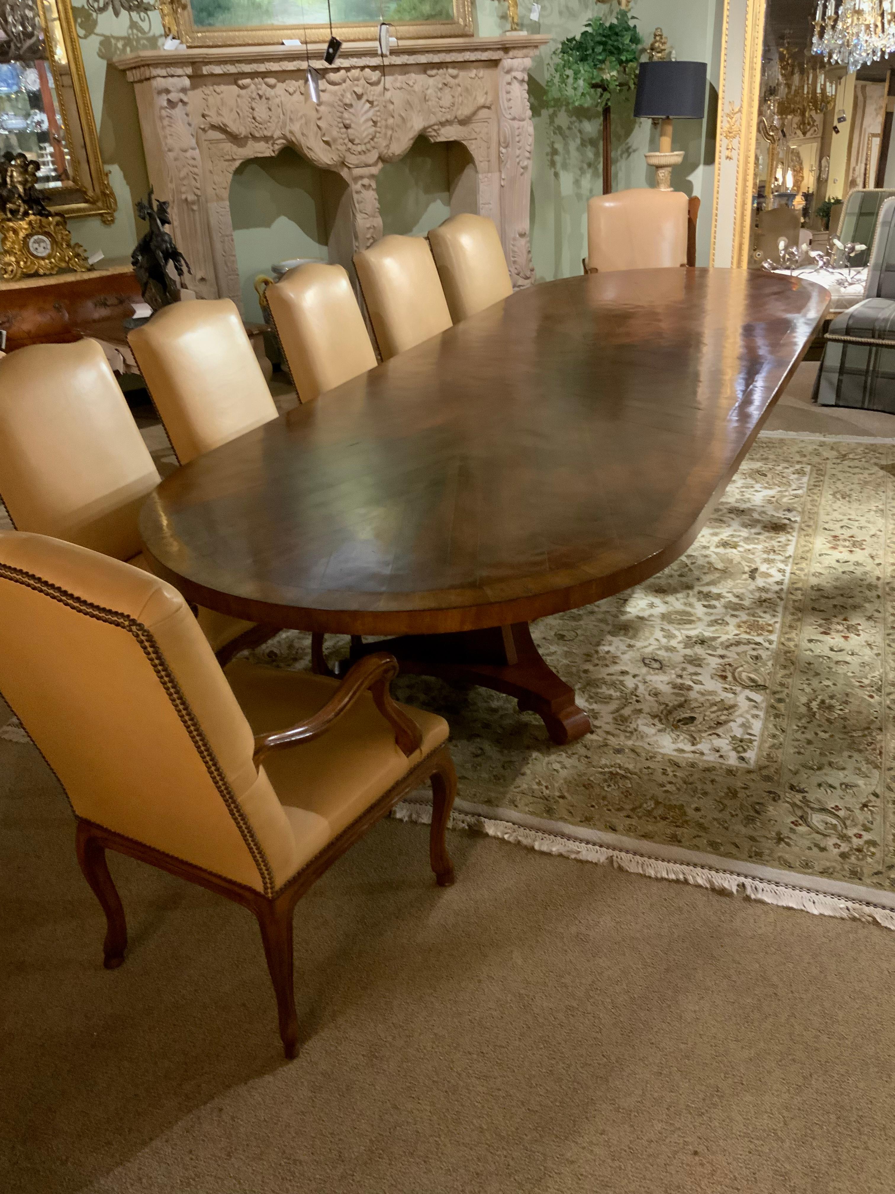 Italian Large Oval Dining Table with Two Pedestals 12 Leather High Back Chairs 4