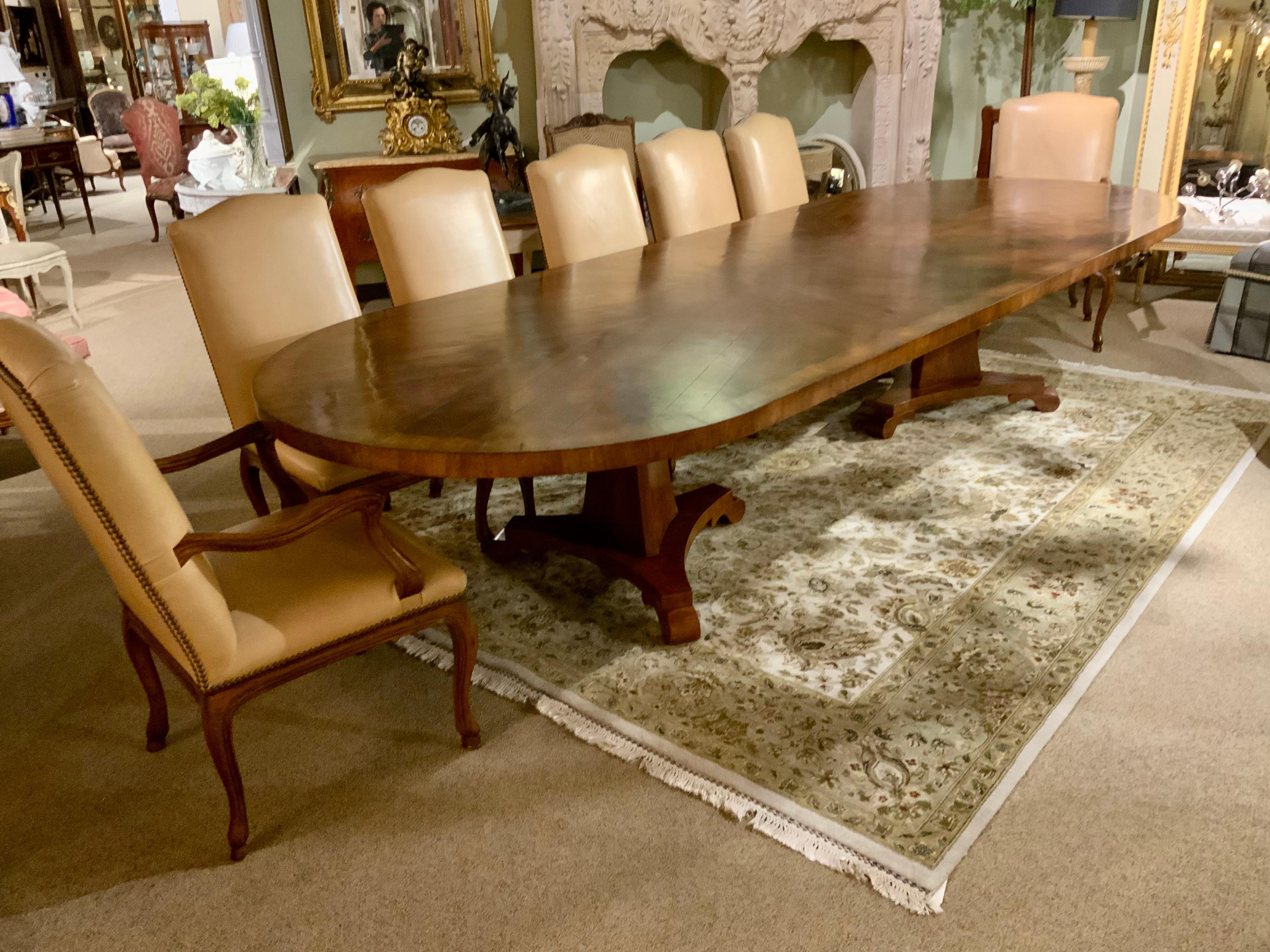 Contemporary Italian Large Oval Dining Table with Two Pedestals 12 Leather High Back Chairs