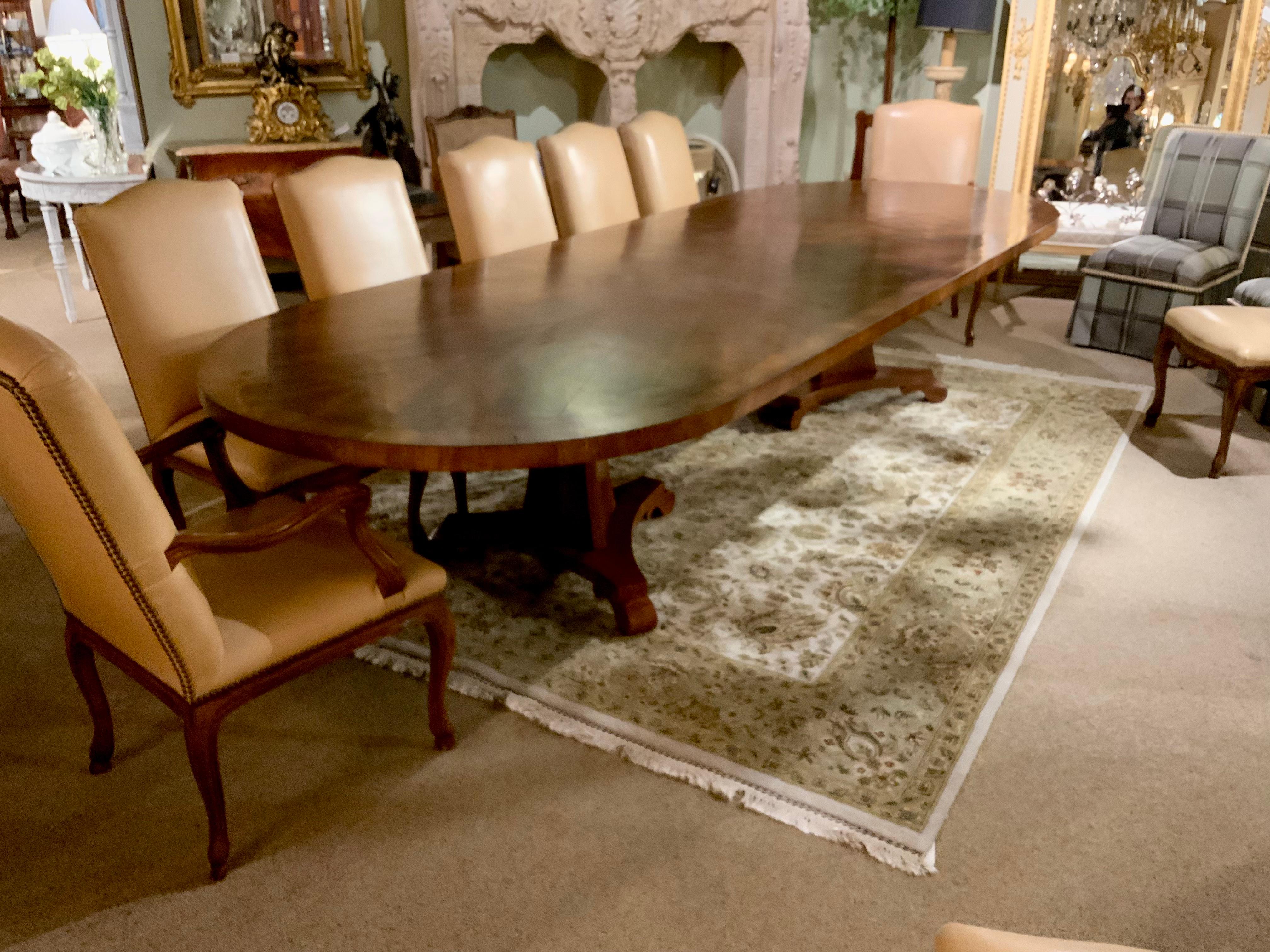 Italian Large Oval Dining Table with Two Pedestals 12 Leather High Back Chairs 1