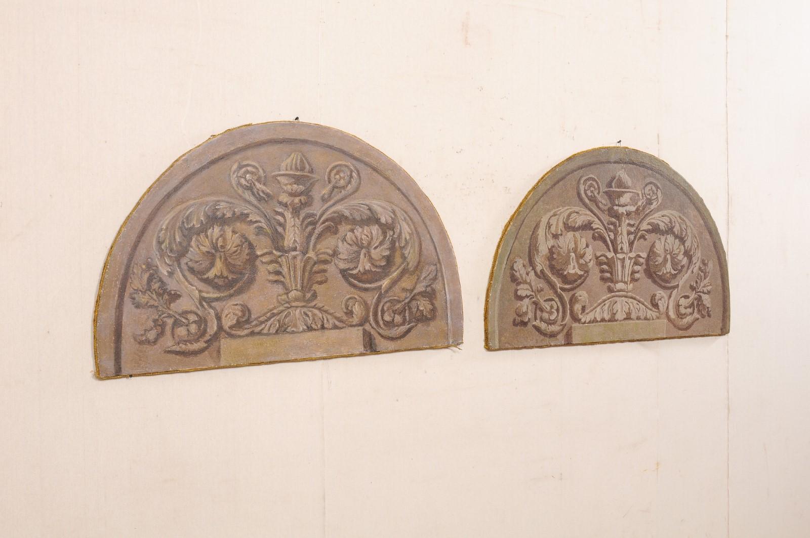 19th Century Italian Large Pair of Neoclassic Painted Canvas Arched Wall Decorations, 19th C. For Sale