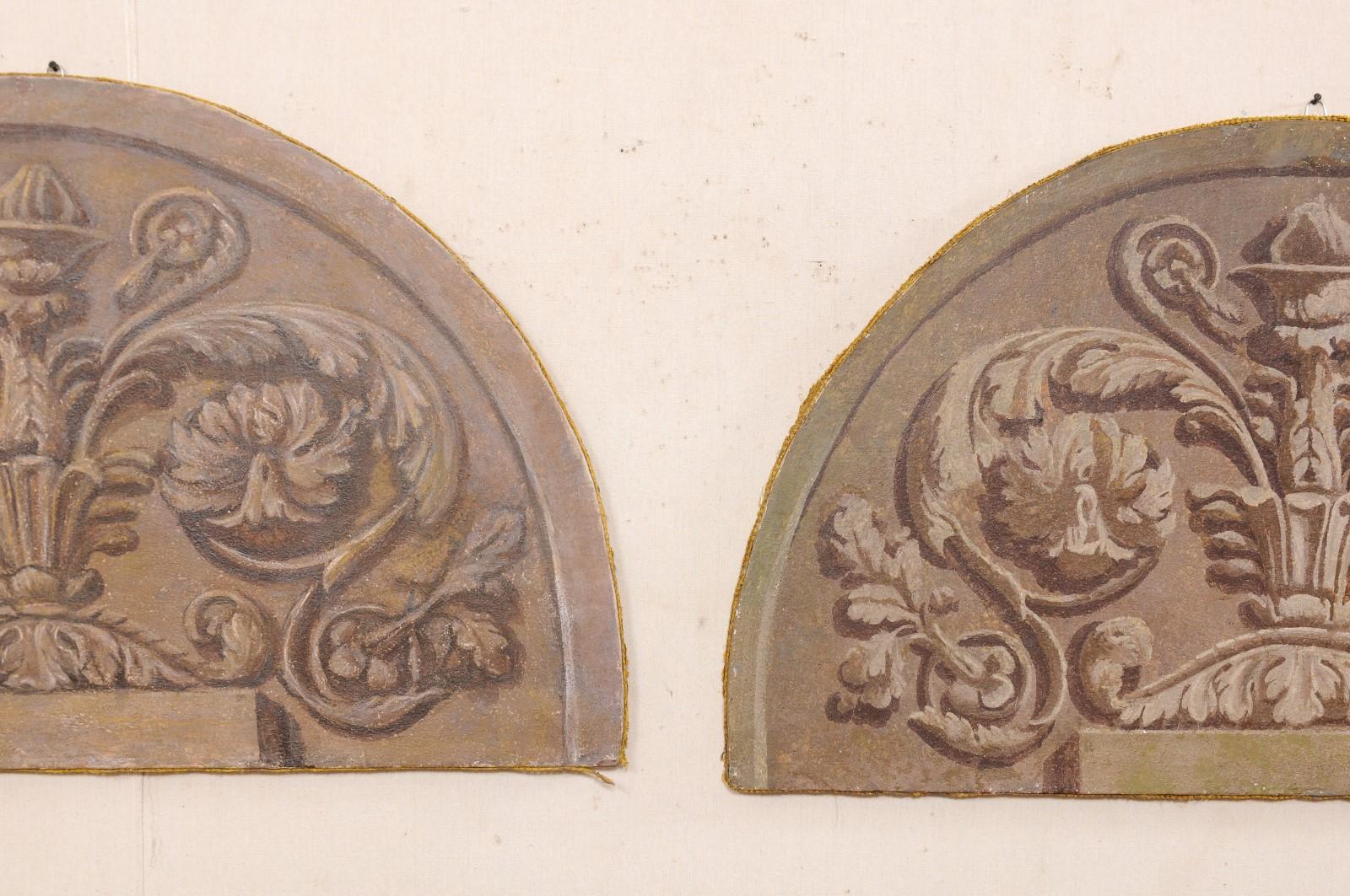 Italian Large Pair of Neoclassic Painted Canvas Arched Wall Decorations, 19th C. For Sale 4