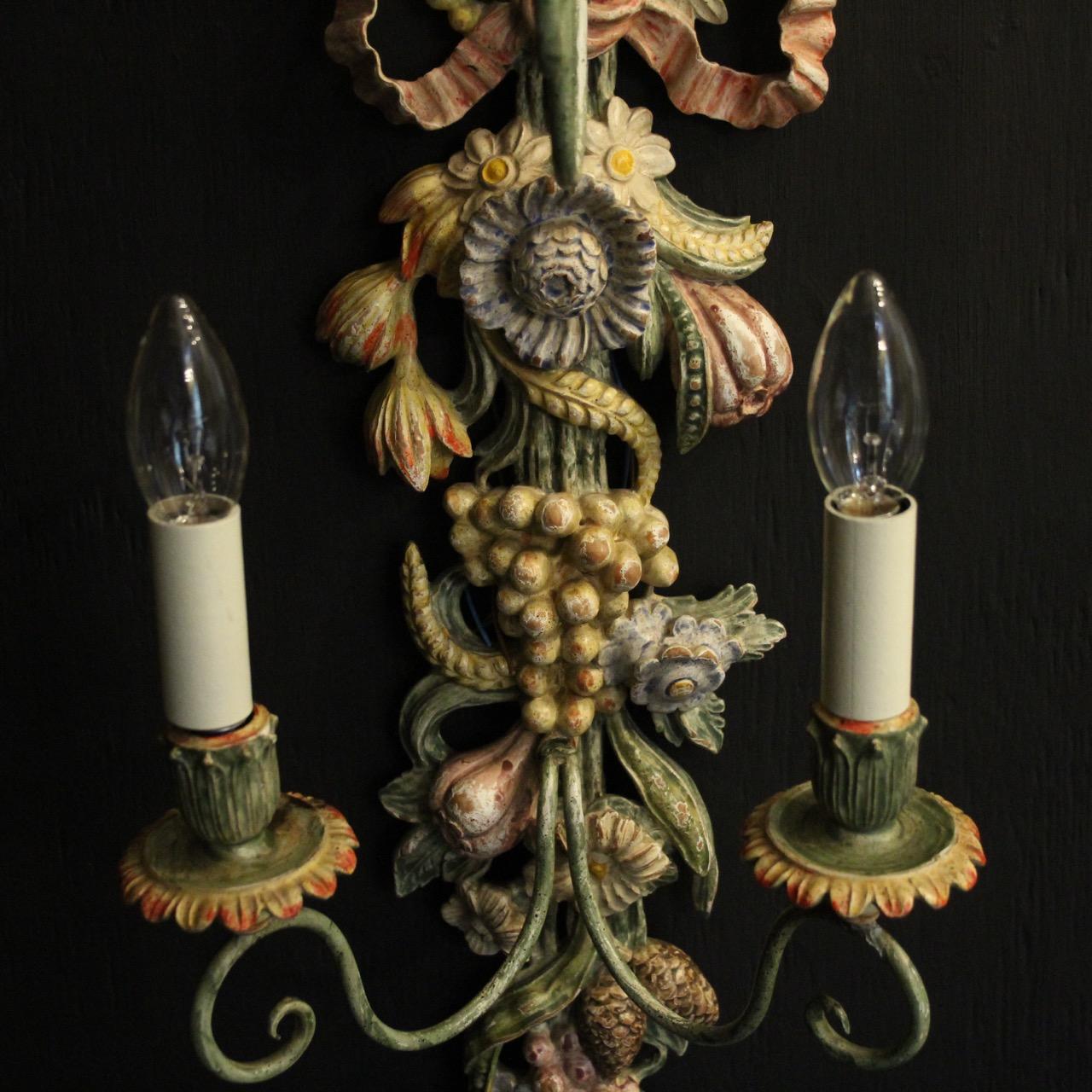 Baroque Revival Italian Large Pair of Polychrome Triple Arm Wall Lights